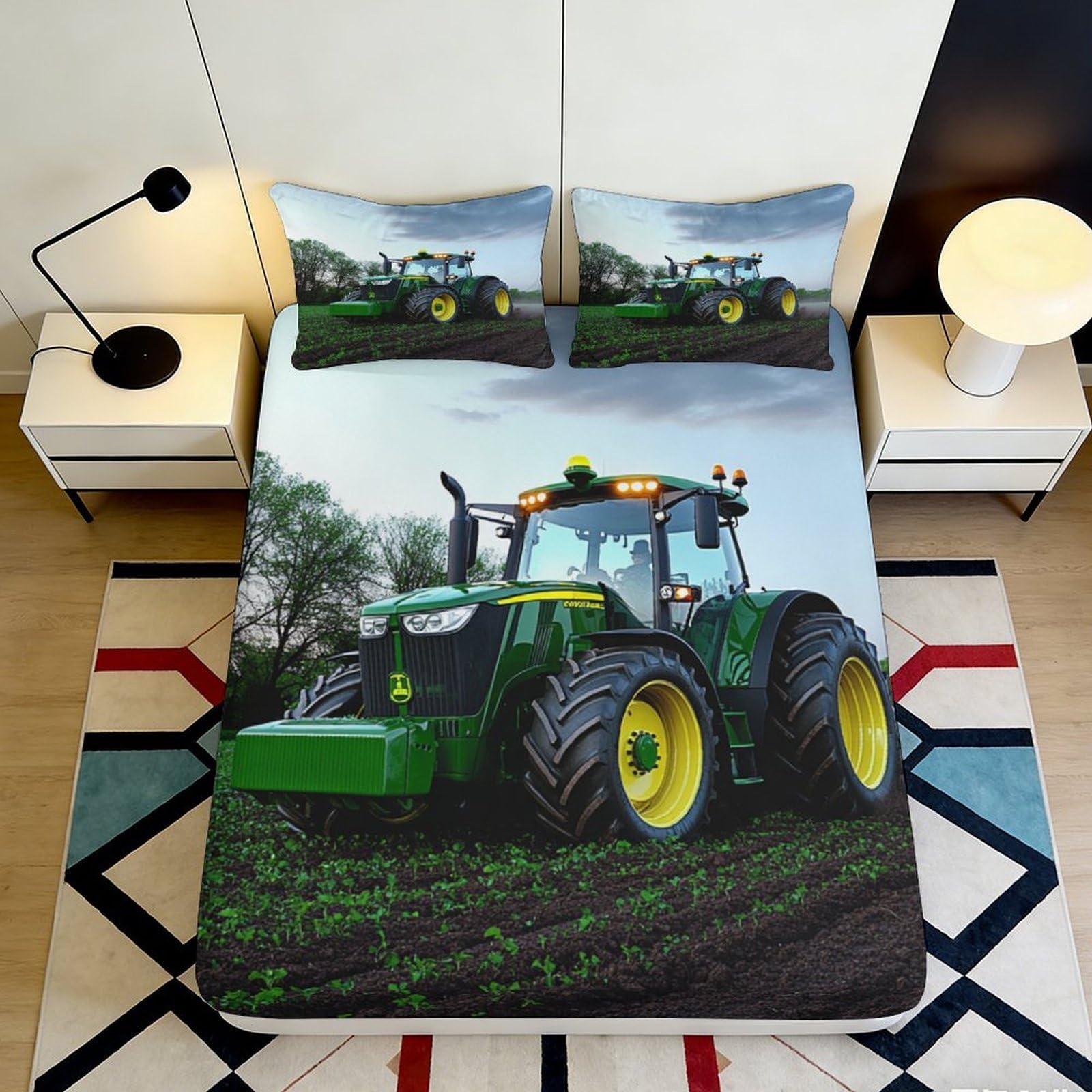 3D Printed Green Tractor Fitted Sheet Microfiber Durable Breathable Farm Vehicle Bed Cover for Bedroom Dormitory Guest Room Mattress Protection 140x200x25cm