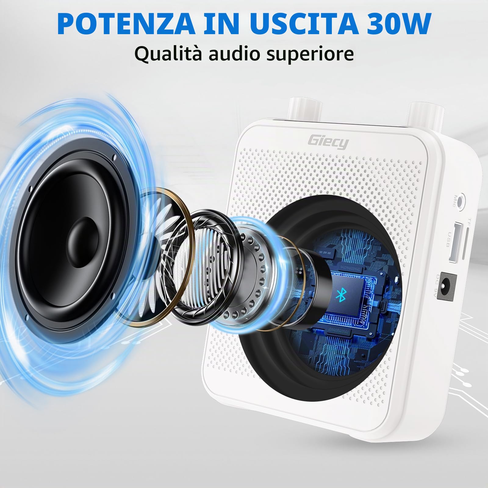 Amplificatore vocale portatile con microfono Batteria ricaricabile 2800mah Sistema PA per insegnanti, guida turistica, allenatori, presentatori(Bianco)