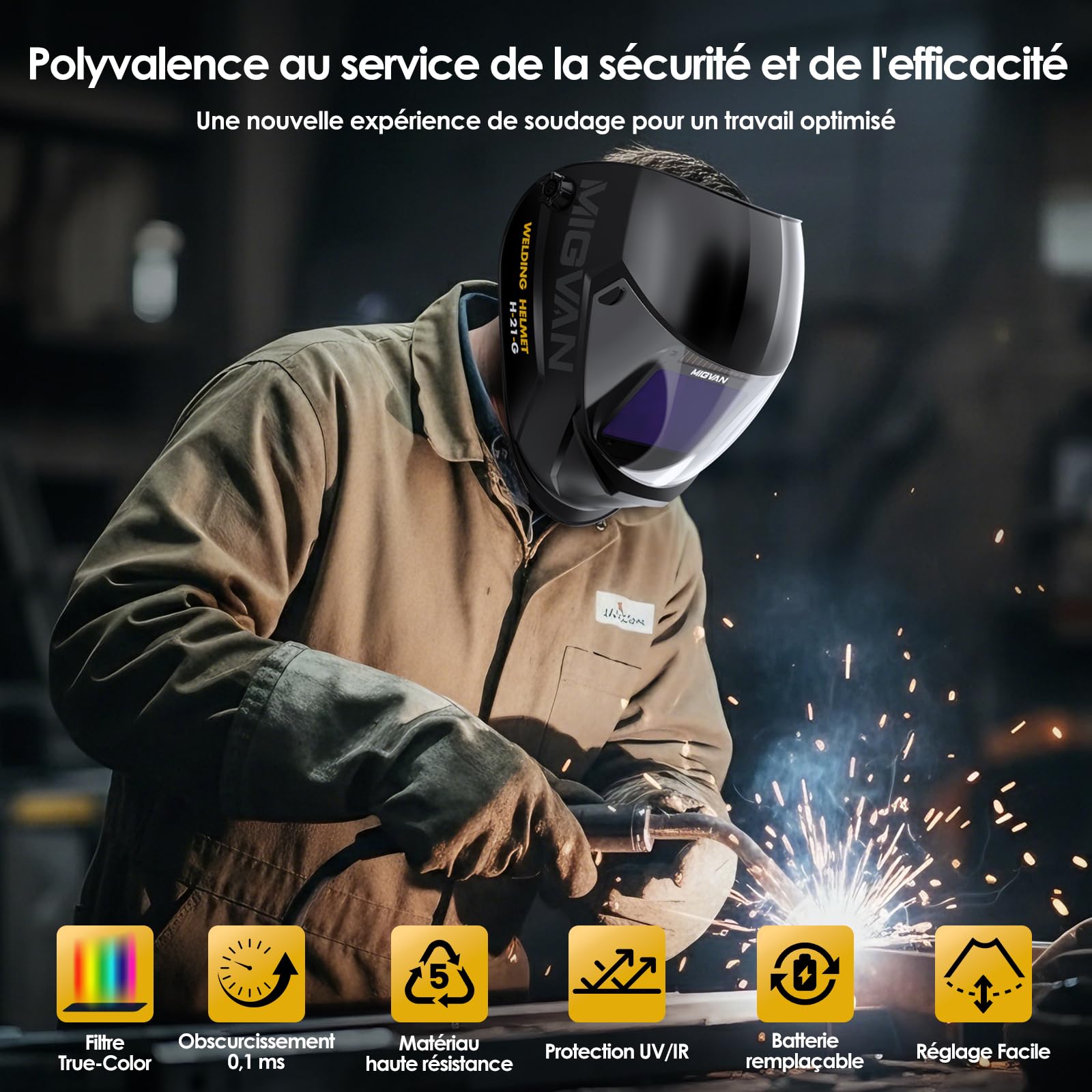 Masque de Soudage Automatique True-Color, UHD 100x82mm XL H-21-G | Obscurcissement 0,1ms Solaire/Pile Cagoule (DIN 4/5-9/5-13) pour MIG/TIG/MMA en Bricolage, Atelier & Industrie