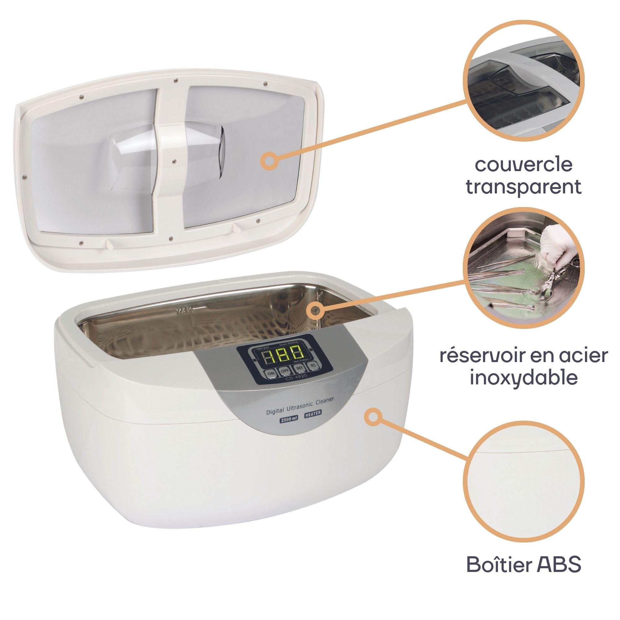 Perel Nettoyeur à ultrasons 2.6 L, 35 kHz nettoyeur bijoux et lunettes, cuve inox, minuterie digitale 5 cycles, nettoyage profond sans rayures, blanc