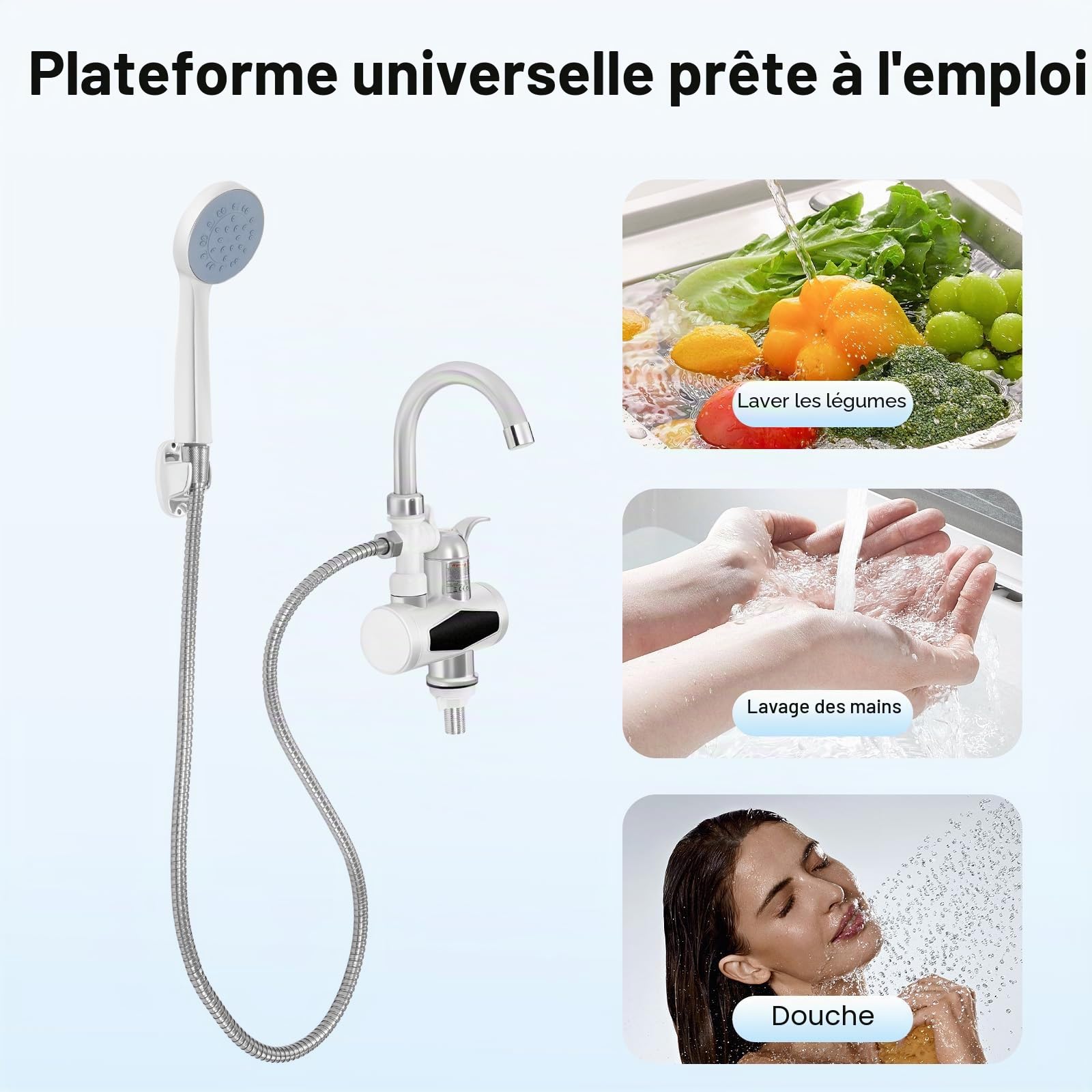Robinet de chauffe-eau électrique, avec douche, eau chaude, pour baignoire et cuisine, pivotant à 360°, avec pommeau de douche et affichage LCD de la température, chauffe-eau instantané