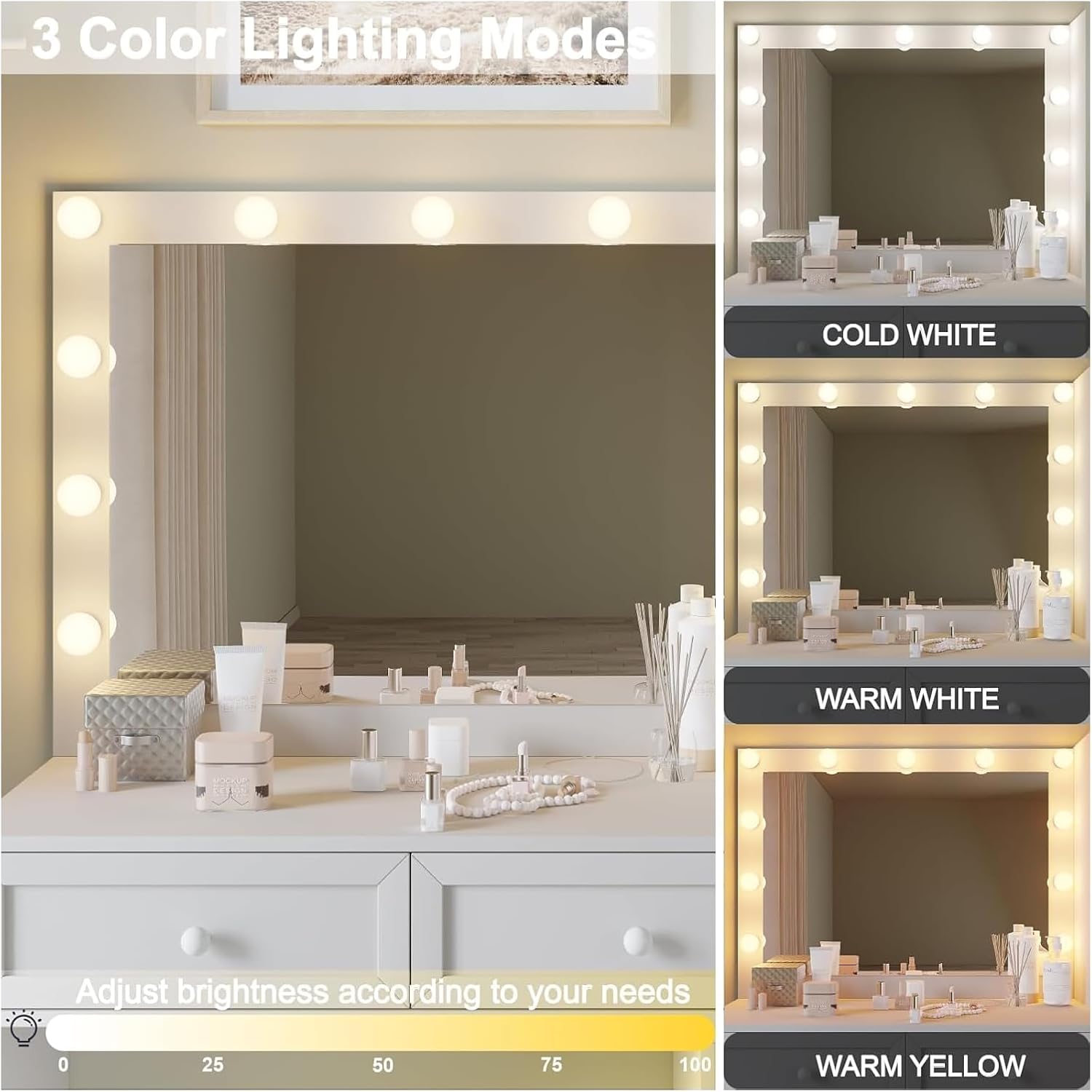 Illustration of 3 color lighting modes: Cold White, Warm White, Warm Yellow with brightness adjustment scale