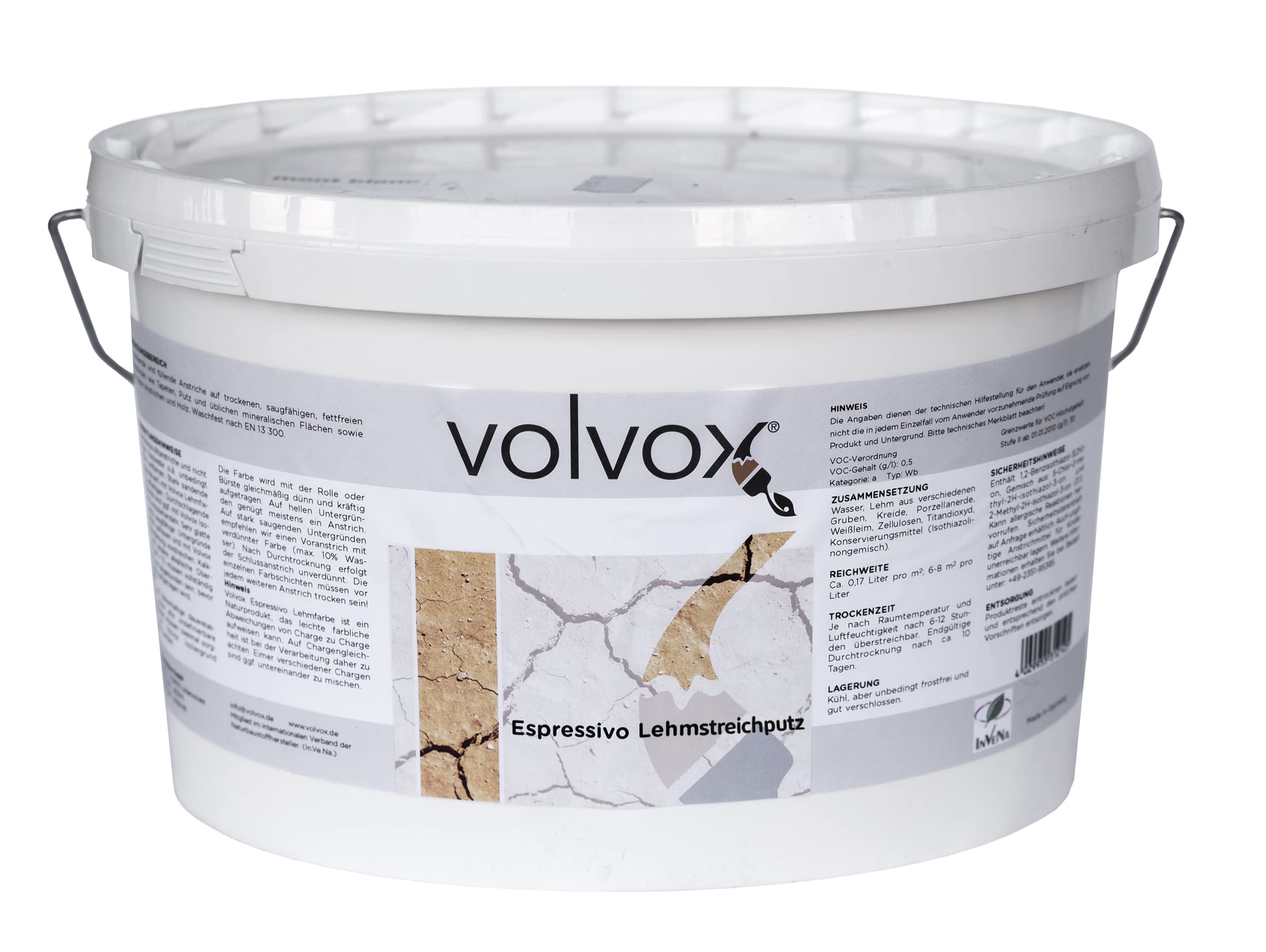 VOLVOX Espressivo Lehmstreichputz Rollputz Lehmfarbe Wandfarbe Mont blanc weiss gebrauchsfertig im Eimer (2,5 Liter)