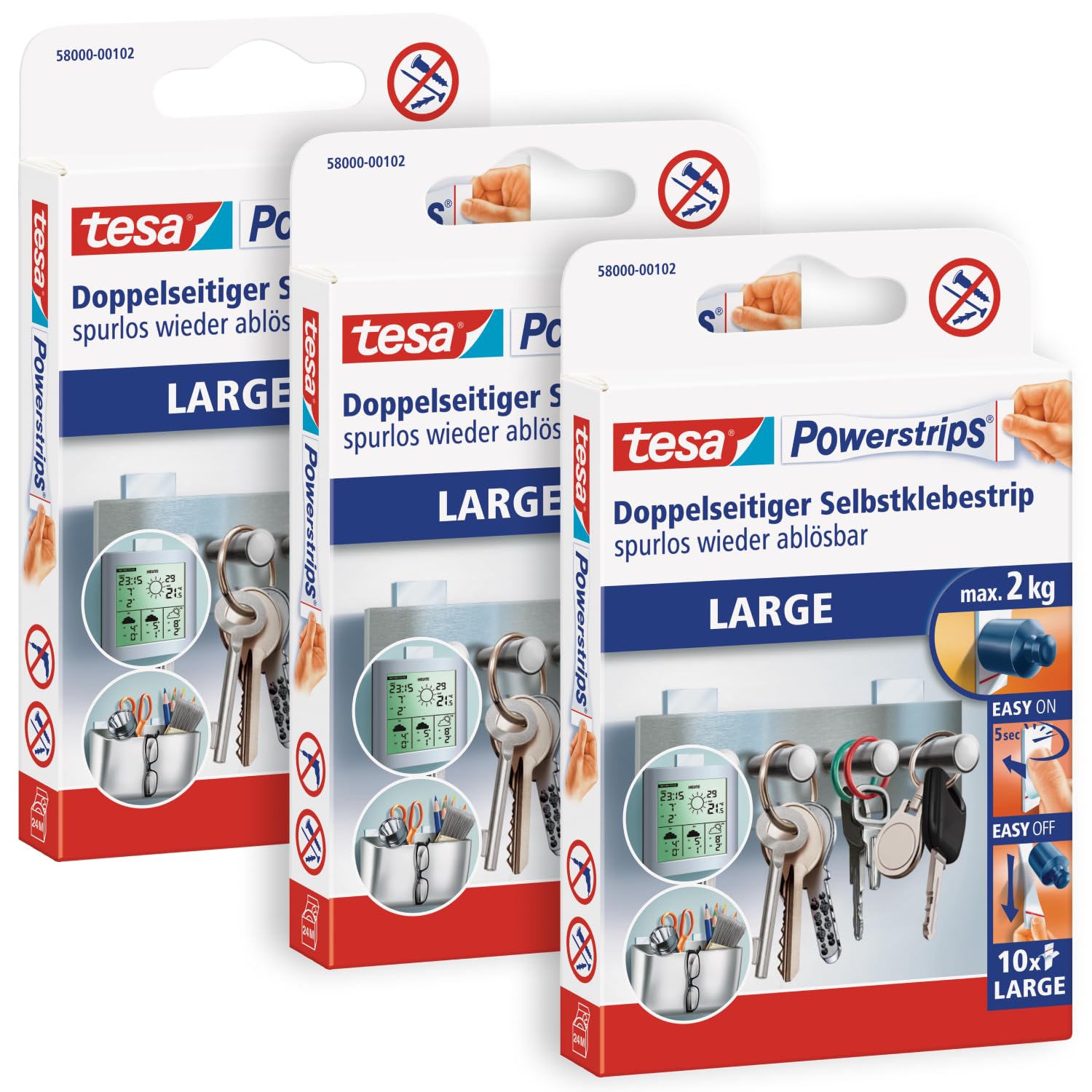 tesa Powerstrips Large im 3er Pack - Doppelseitige Klebestreifen zur Montage von Gegenständen auf glatten Oberflächen - Bis zu 2 kg Halteleistung - insgesamt 30 Power-strips Weiß