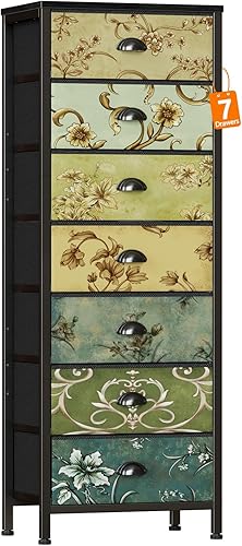 Furnulem Cómoda Alta para Dormitorio con 7 Cajones de Tela, Cómodas y Cajoneras Vintage, Unidad Organizadora de Torre de Almacenamiento Vertical,