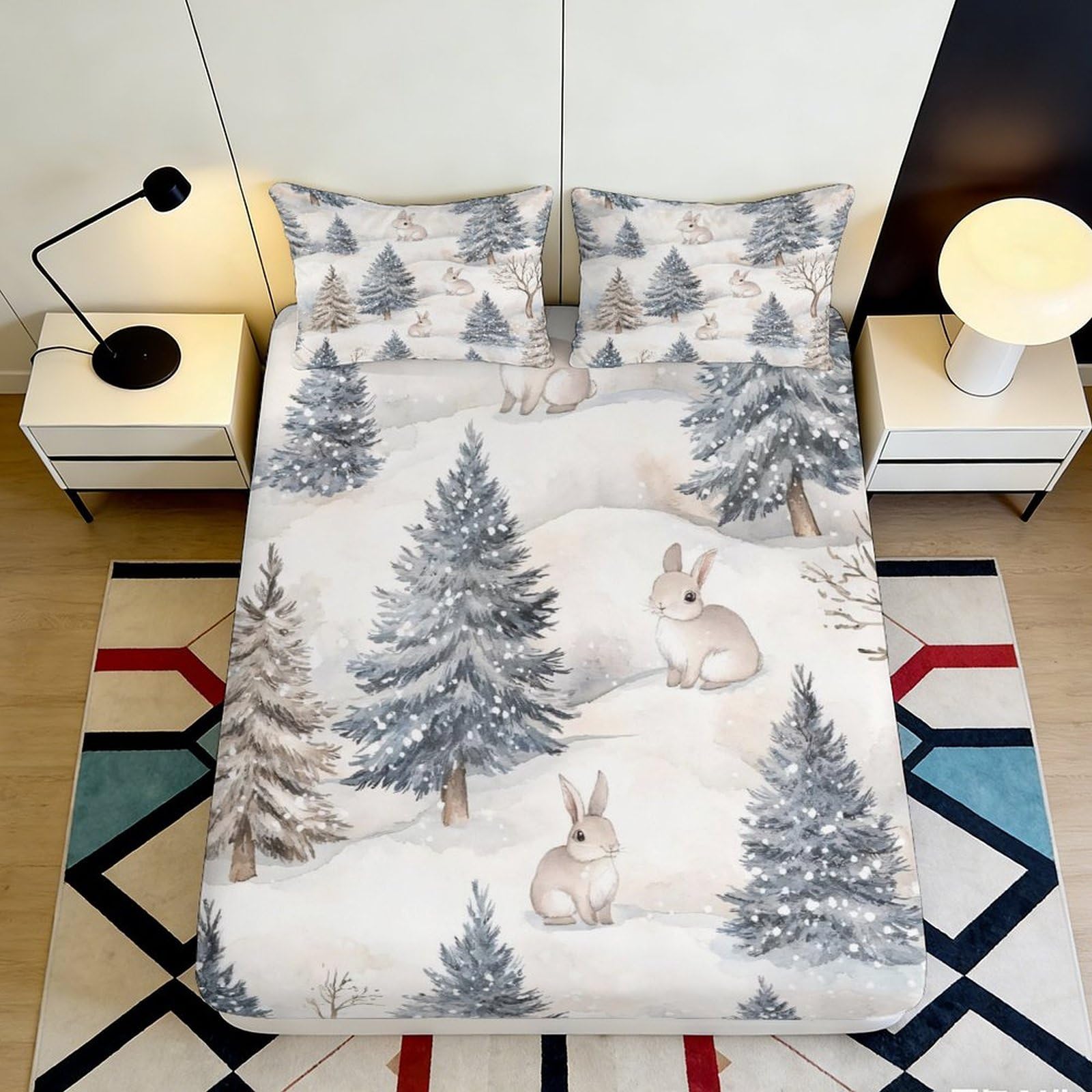 3D Printed Snowy Forest Fitted Sheet Microfiber Soft Rabbit Winter Trees Mattress Cover for Bedroom Guest Room Decor 160x200x25cm