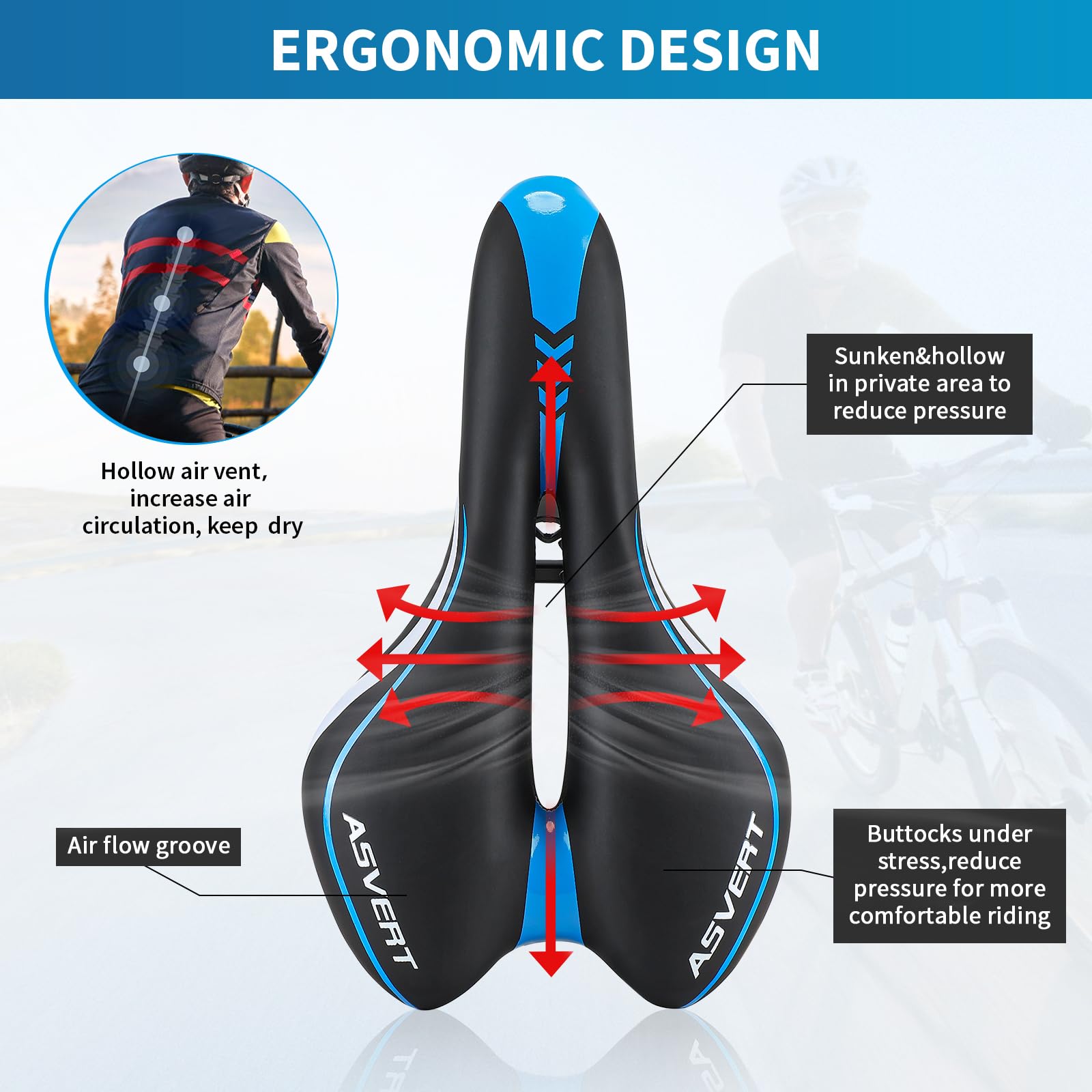 Sillín MTB Antiprostático de Ciclismo Transpirable y Ancho con Muelles y Raya Refleja Asiento para Bici MTB Carretera Montaña Urbana al Aire Libre