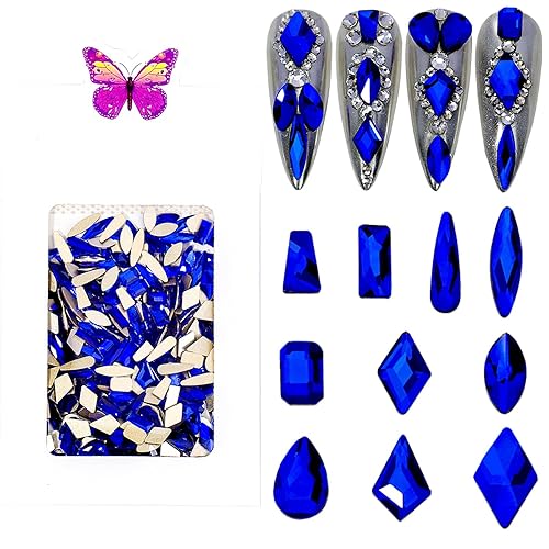 HNUIX 300 diamantes de imitación para uñas, gemas azules para uñas, 10 estilos mezclados, multiformas, diamantes brillantes de cristal 3D, parte