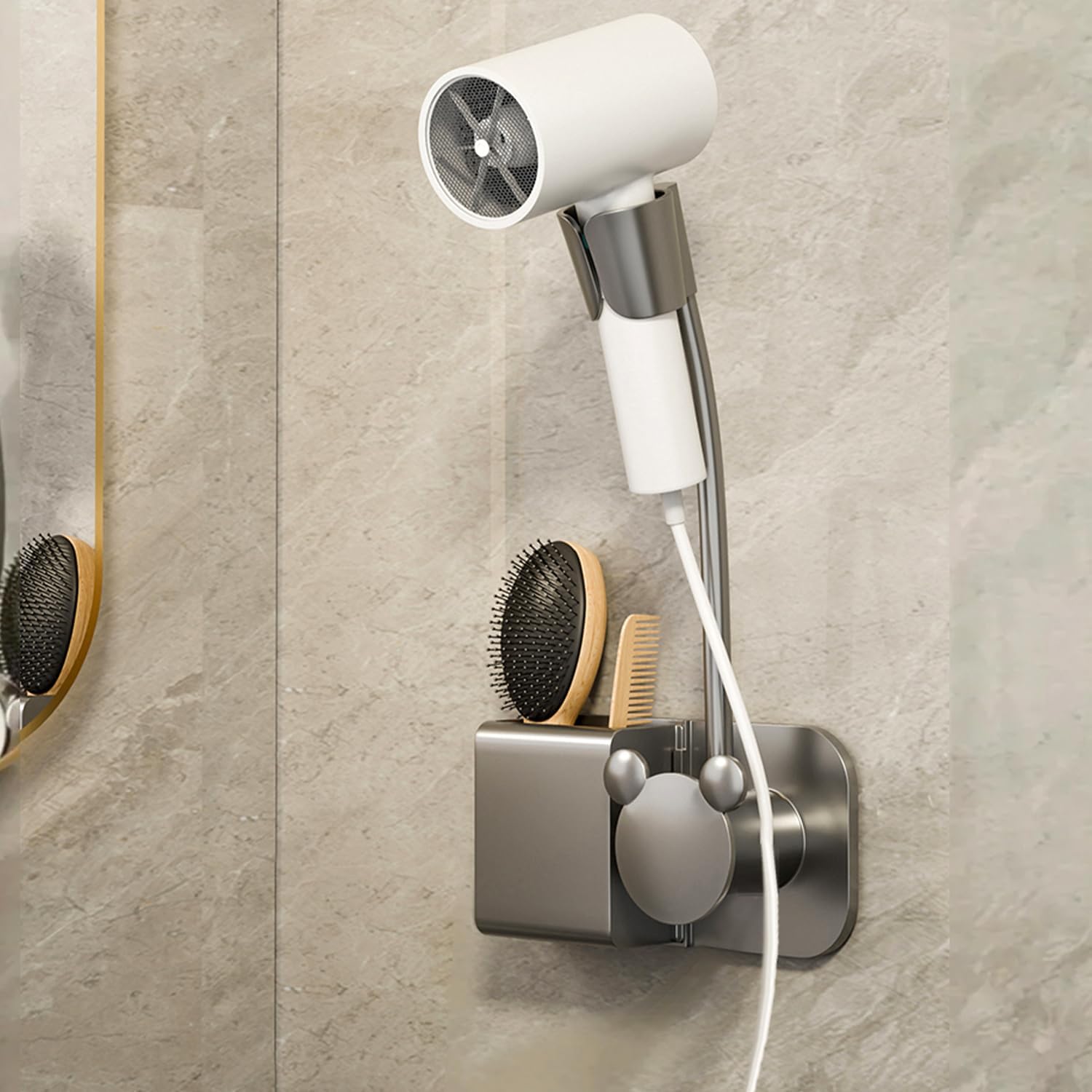 Wall-Mounted Hair Dryer Holder, Gray Rotating Bathroom Storage Rack, Hands-Free Design, 7.44 * 1.97 * 13.39Inch with Shelf, No-Drill Installation