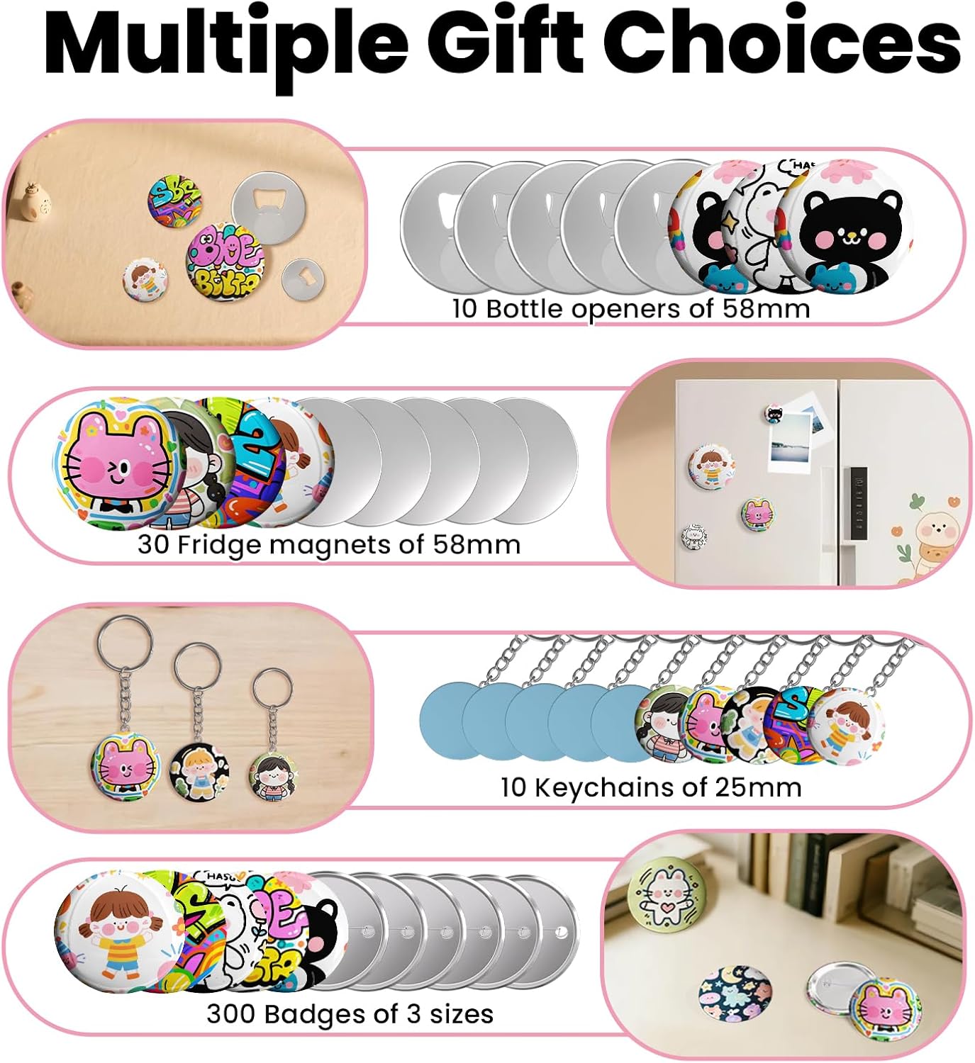 1+1.25+2.25 inch Multiple Sizes Button Maker Machine, 300 Buttons, 30 Fridge Magnets, 10 Bottle Openers, 10 Keyrings, 3 Circle Cutters, Button Badge Press Machine (Pink, 353 Pcs)