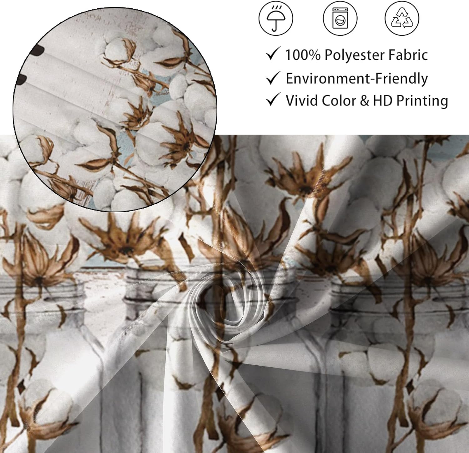 Renaiss 65x72 Vintege Cotton Floral Shower Curtain Farm House Flowers in Gray Mason Jar Rustic Wooden Plank Fabric Shower Curtains for Bathroom Decor Waterproof Polyester with Hooks