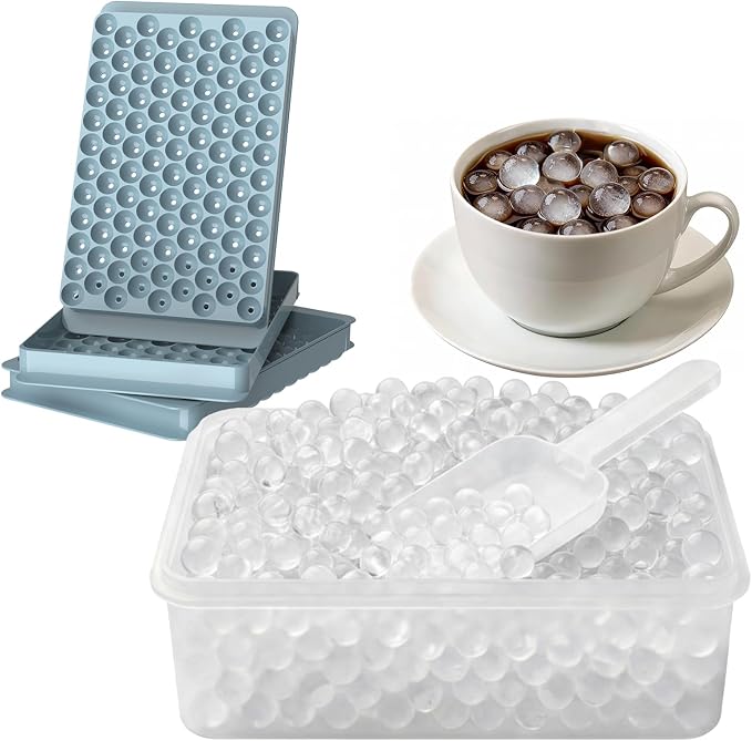 WIBIMEN Mini Ice Cube Trays, 0.55” Tiny Pebble Ice for Iced Coffee & Cocktails, Fast Chill, Easy Twist Release, Stackable with Lid & Storage Bin (2 Pack, Blue)