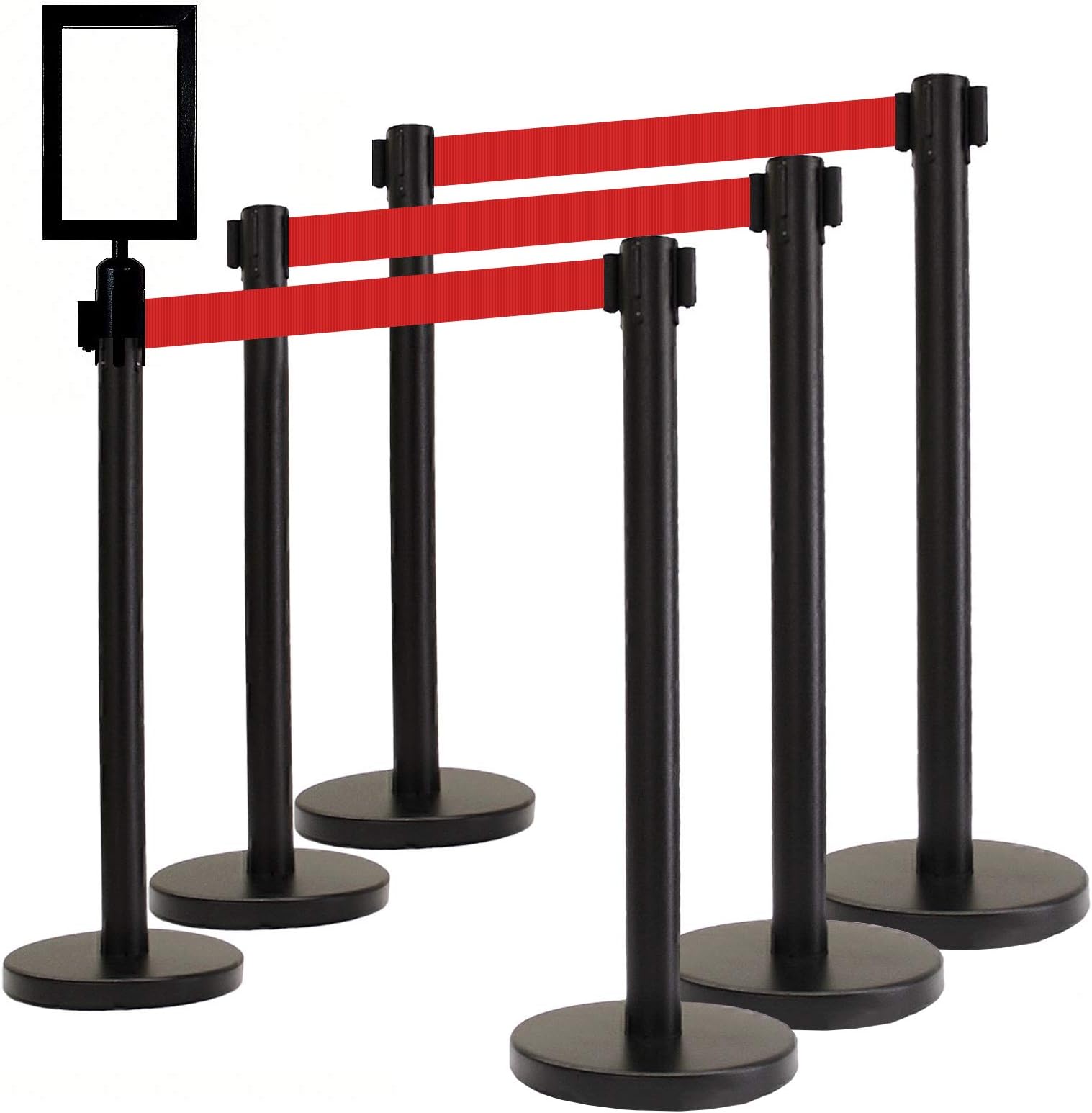 VIP Crowd Control Retractable Belt Queue Safety Stanchion Barrier Set,36" Ht, 78" Red Belt + Wall Bracket (6 Posts Red Belt + SFrame + WBracket)