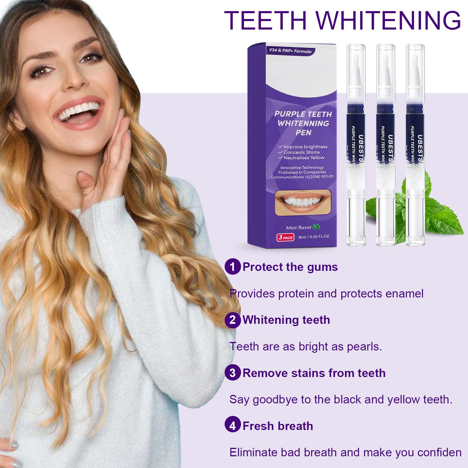 3 Pezzi Penne Sbiancante Denti,Penna Gel Sbiancamento per Dentale,sbiancante denti,Per Rimozione delle Macchie e Sorriso Più Luminoso,Facile da Usare,Rapido Sbiancamento(Viola)