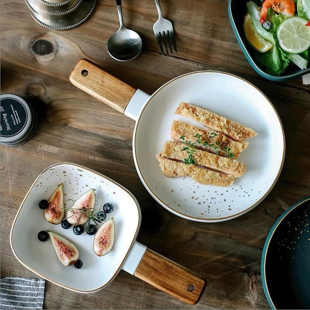 Plats De Service Personnalité créative céramique poignée en bois bol nordique peint saladier ménage Dessert vaisselle japonais Sushi assiette Bol À Fruits Pour Comptoir De Cuisine(B)