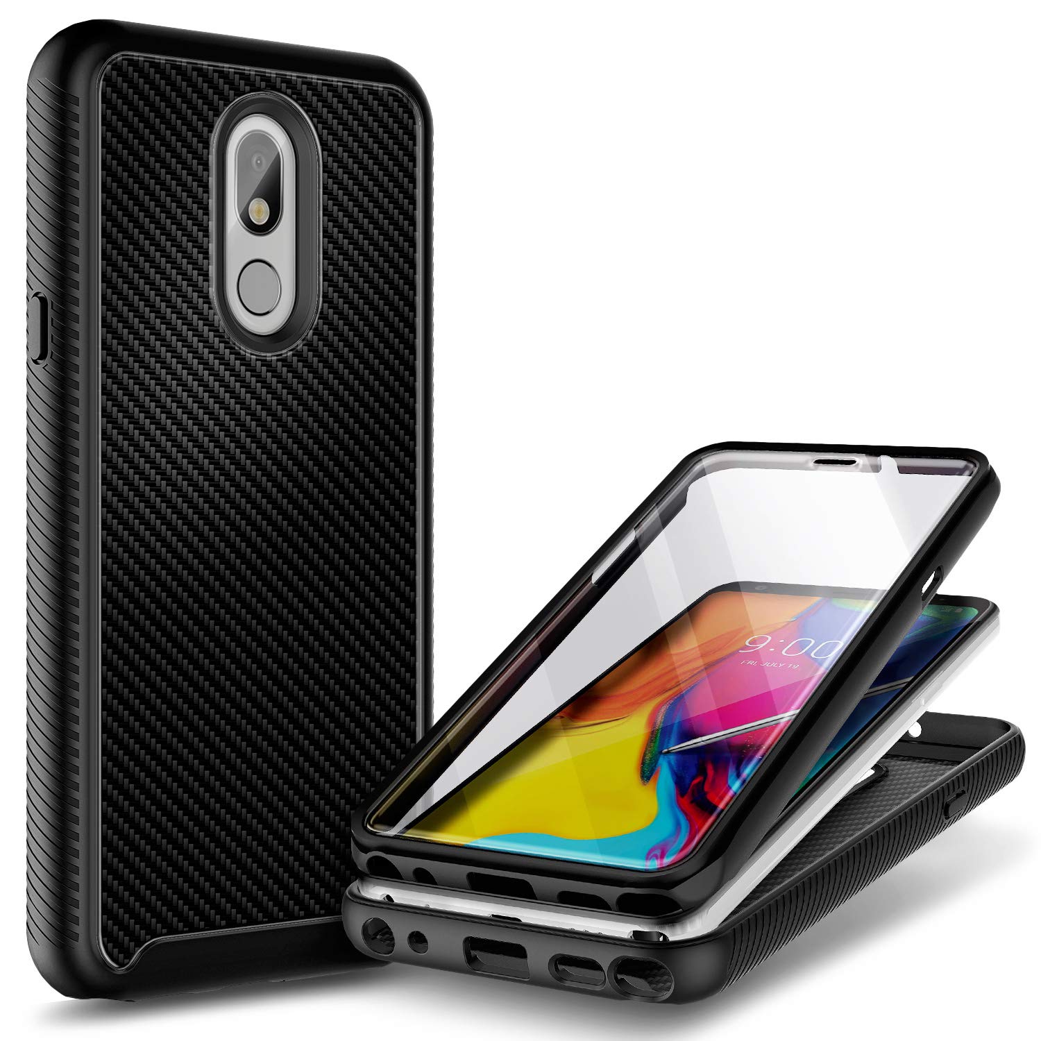 E-Began Case for LG Rebel 4 LTE, Aristo 2/3 Plus, Aristo 3/Tribute Dynasty/Empire/Zone 4/Phoenix 4/Fortune 2/Risio 3/Rebel 3/K8s, Full-Body Protective Bumper w/Built-in Screen Protector -Carbon Fiber