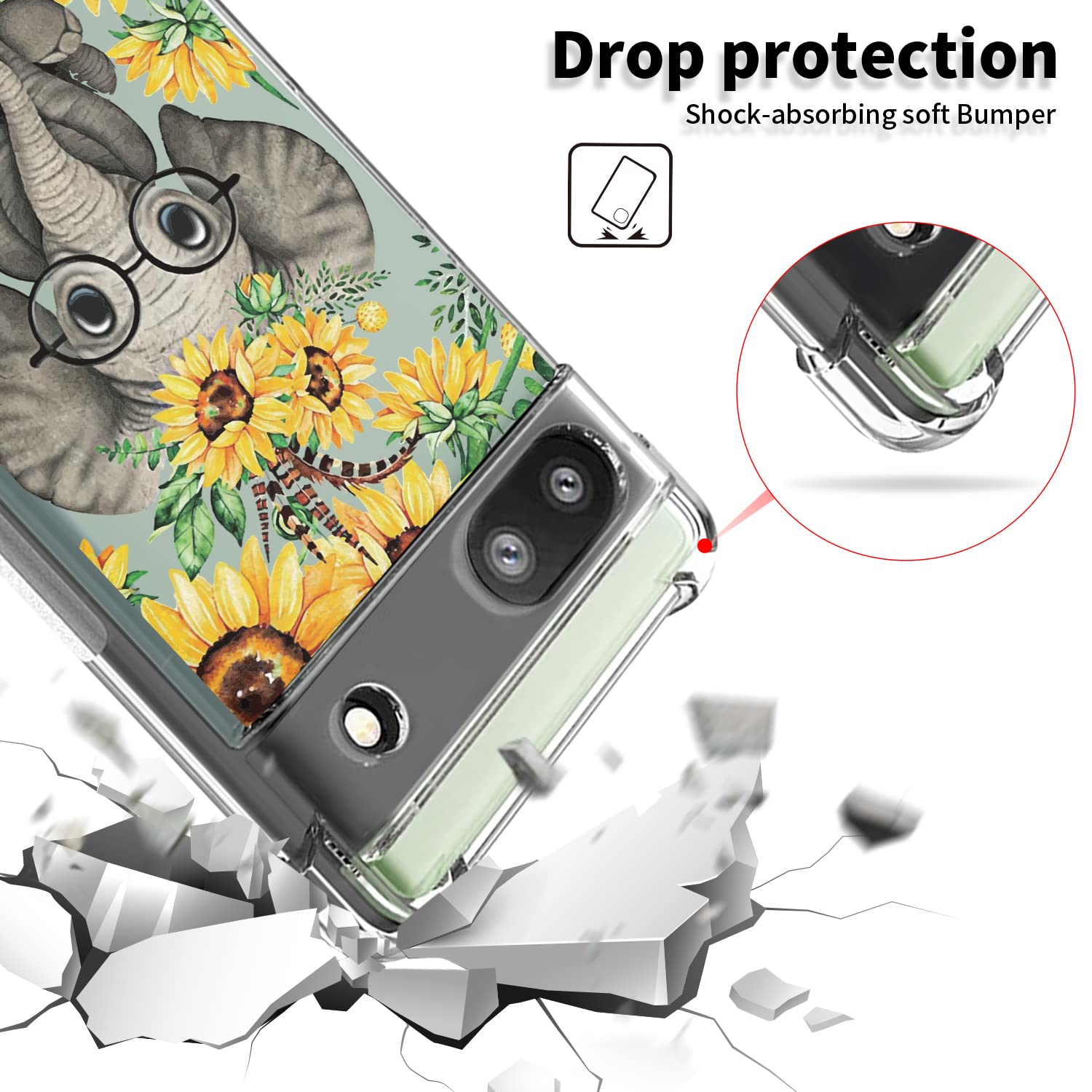 Funda transparente para Google Pixel 6a con diseño de elefante de girasol para mujeres y niñas, diseño bonito, suave, a prueba de golpes, flexible, transparente, funda trasera para teléfono celular Google Pixel 6a 5
