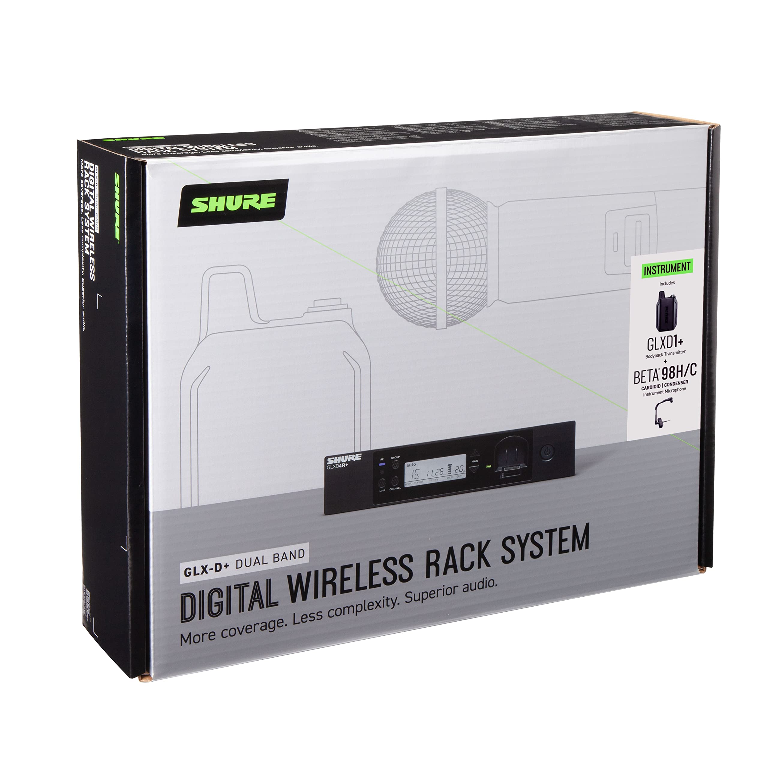 Shure GLXD14R+/B98 Microfono wireless digitale professionale per strumenti a clip, con ricevitore a singolo canale montabile su rack, Durata batteria 12 ore, raggio d'azione 30m