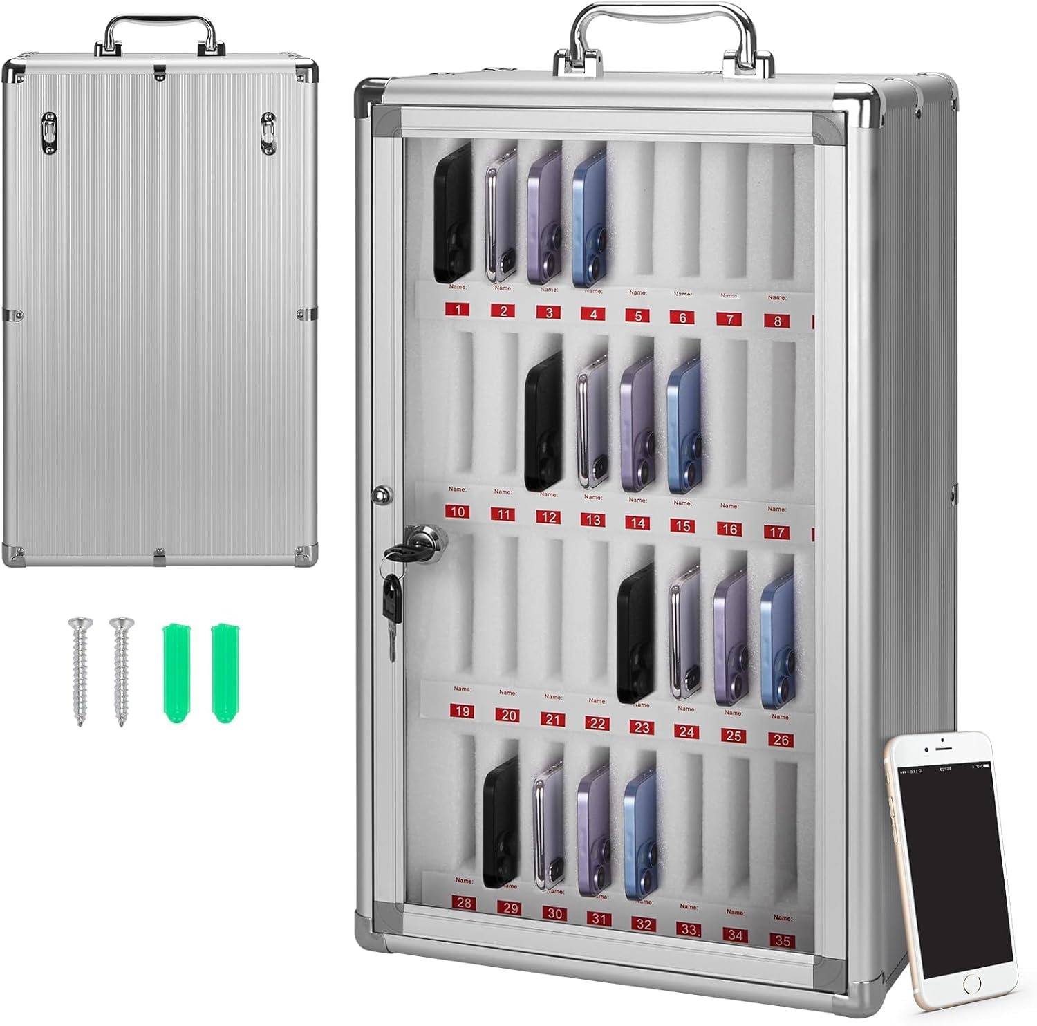 Clefairy 36 Slot Cell Locker - Aluminum Alloy Pocket Chart Storage Cabinet for Phones, Wall Mounted Secure Lock Box with Key, Phone Lockbox with Handle for Classroom Office Gym-picture-10