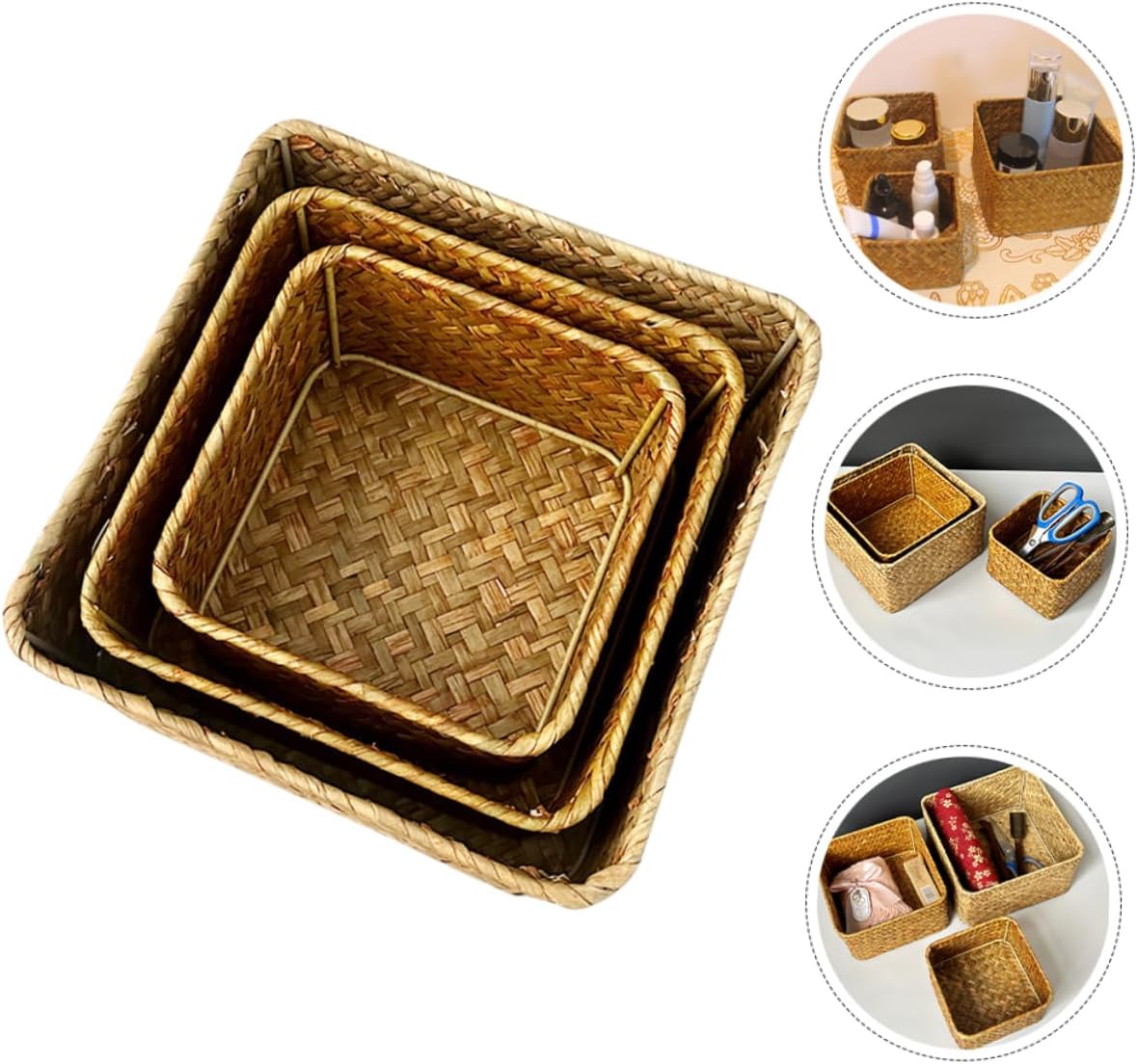 Zerodeko 3Pcs Seagrass Storage Basket Multifunctional Organizers for Kitchen Bathroom and Bedroom Hand Woven with Frame Capacity for Sundries Crafts