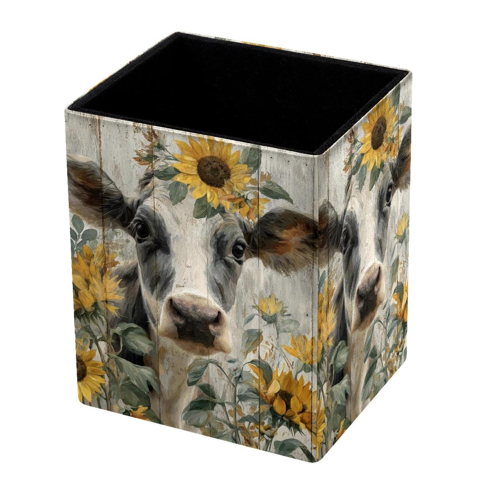 VAPOKF Pencil Holders for Desk, Sunflower and Cow Printed Pen Holders Pen Pot Makeup Brushes Storage Desktop Stationery Supplies Organiser for Home Office