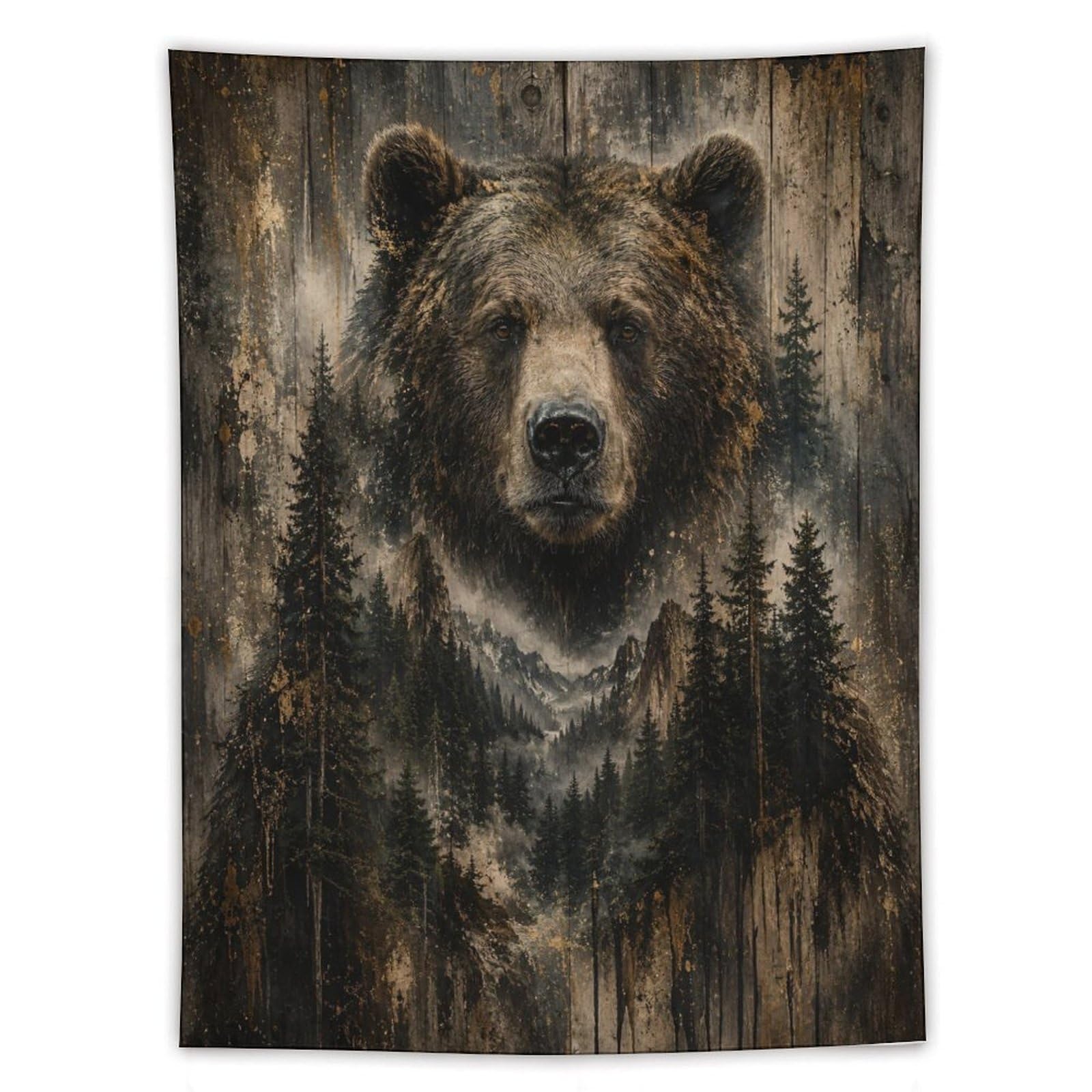 Brown Bear Mountain Wall Tapestry, Realistic Illustration, Entryway