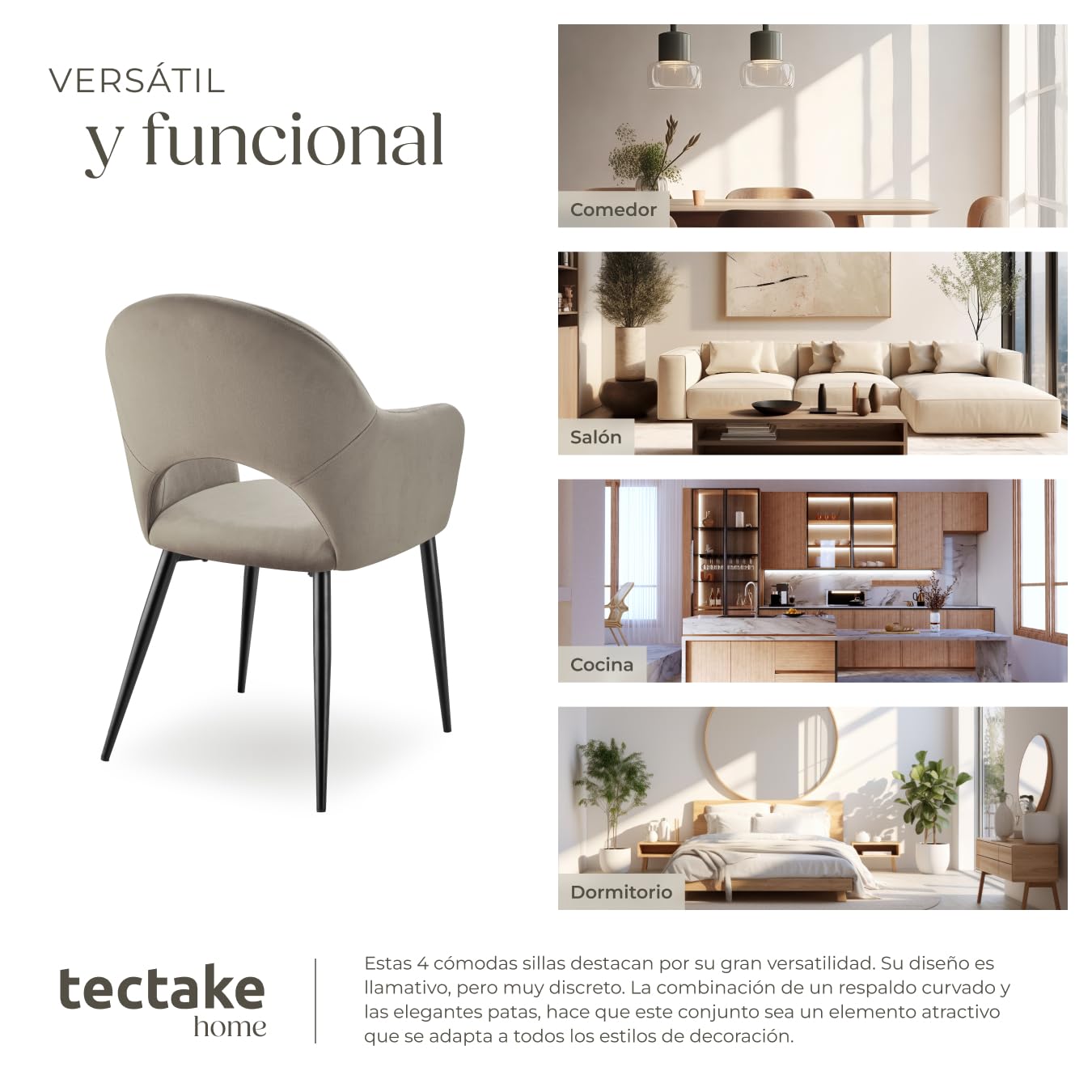 tectake® sillas de Comedor Elegantes, Terciopelo, Silla Comedor nordica, Silla de Cocina Acolchada con reposabrazos, sillas Comedor Modernas con Patas de Acero Antideslizantes - 4 Sillas Gris Topo