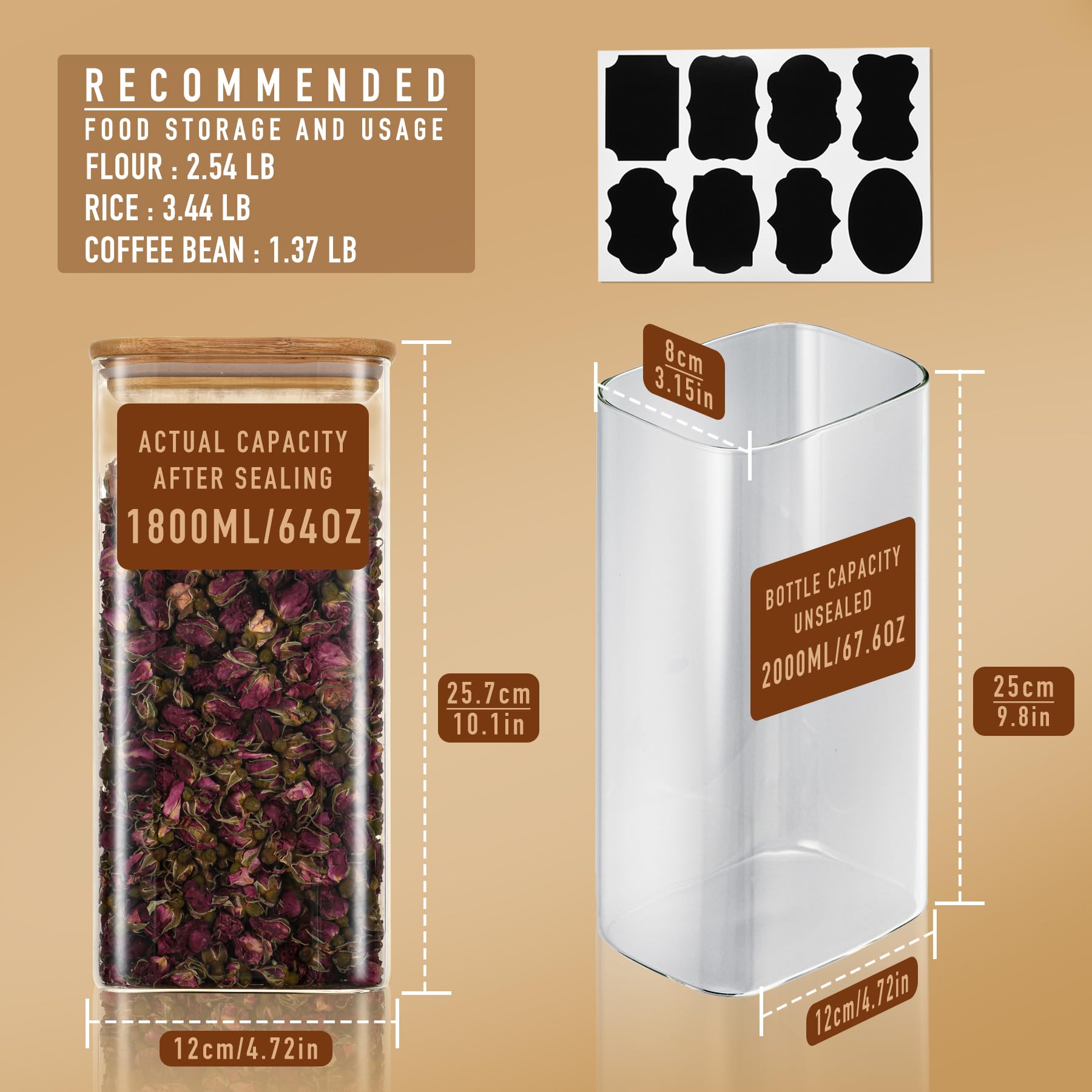 D2scrma Recipientes rectangulares de vidrio herméticos de 64 onzas con tapas de bambú (juego de 3), tarros cuadrados de almacenamiento de alimentos, organizadores de despensa para cereales, harina,