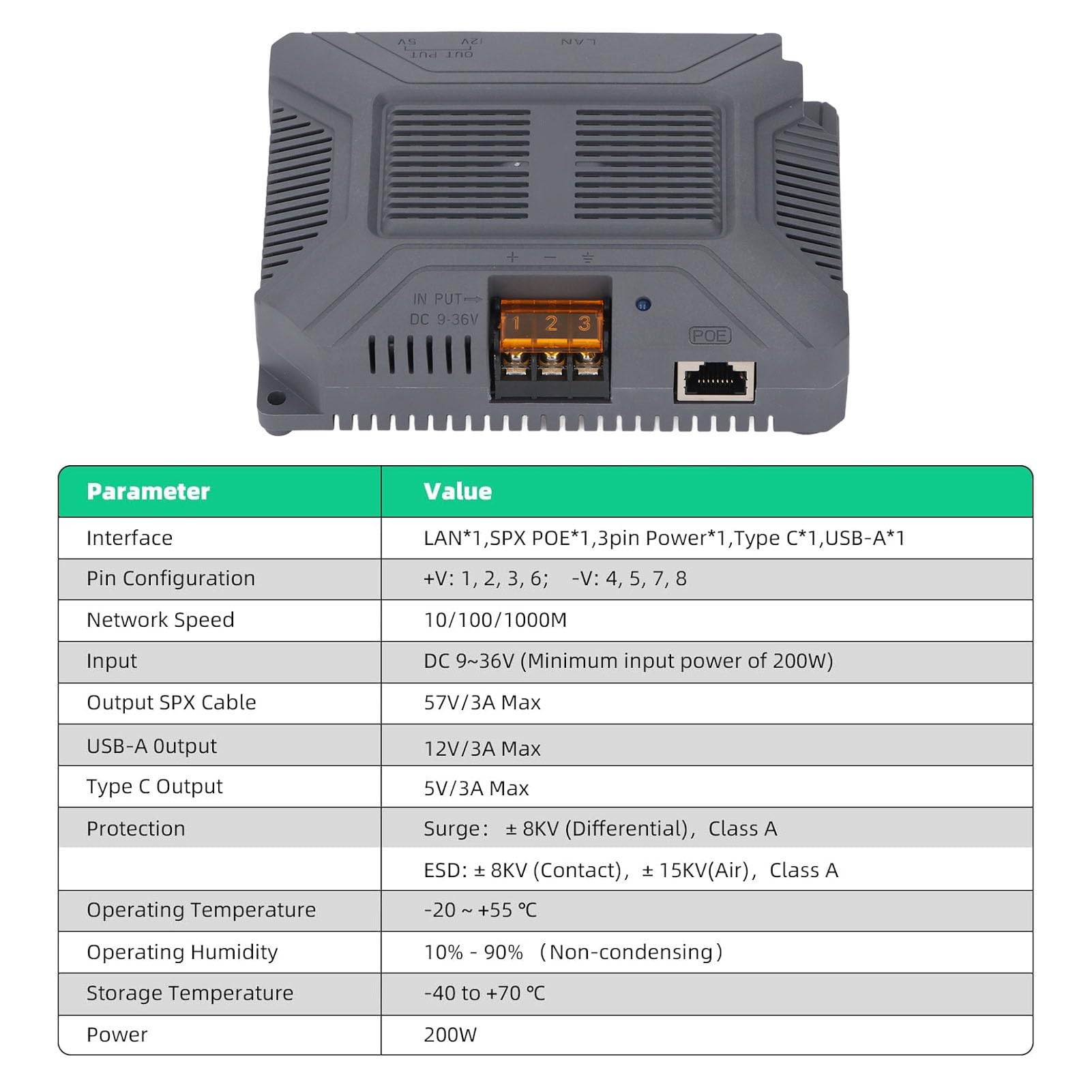 Marhynchus Iniektor GigE POE o Mocy 200 W, Wejście 9 36 V DC, Wyjście USB A Typu C Gigabit Ethernet, z Portem SPX POE dla Standardowego Uruchamianego Prostokątnego Satelity Gen 3