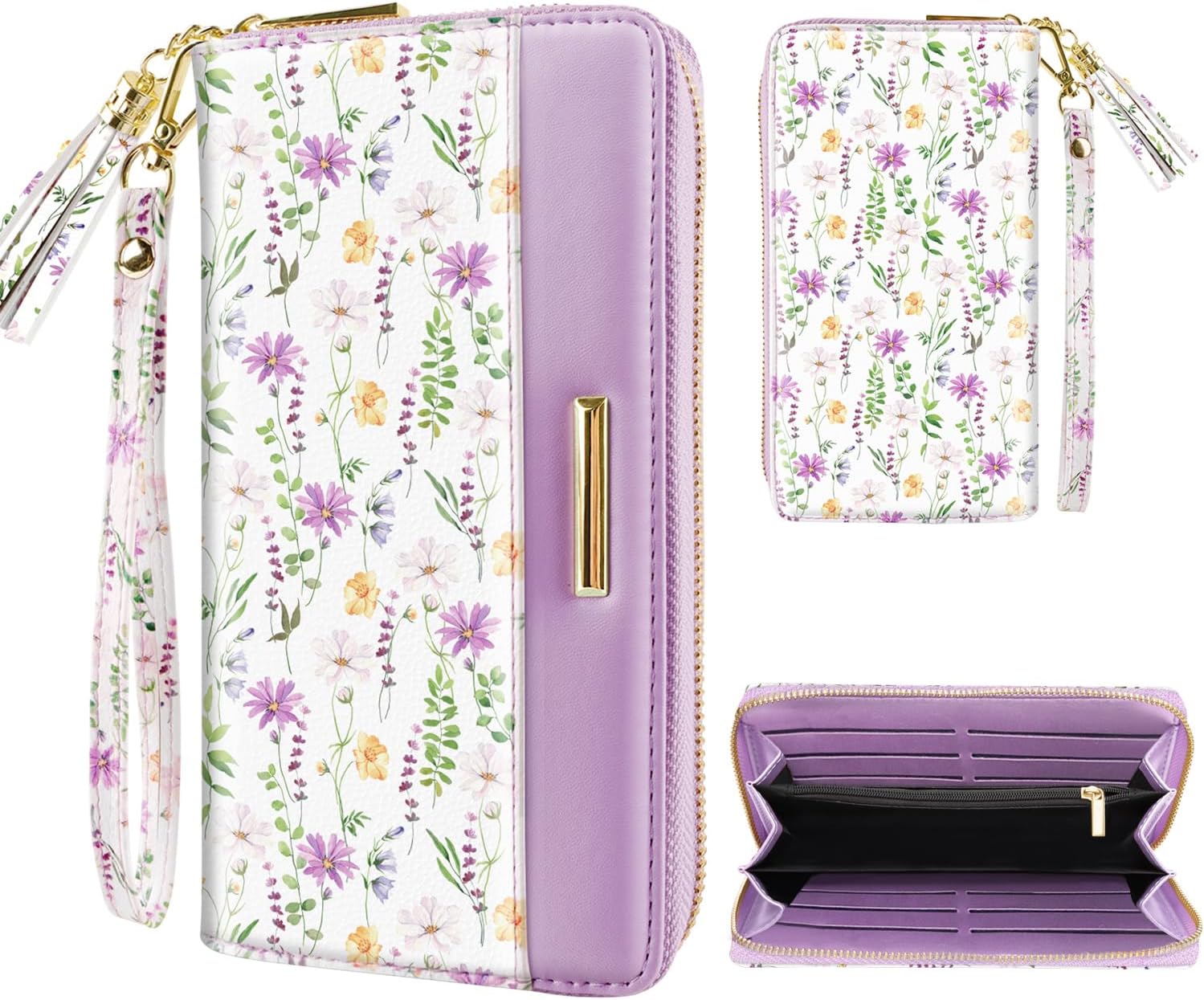 Women Wallets Multi Card Case Wallet Clutch Wallet Card Holder Organizer Ladies Purse Tassel Wrist Strap Purse,White Daisy