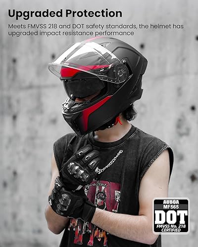 Miniatura 3 de Casco de motocicleta de cara completa para adultos, hombres y mujeres con doble visera para Street Bike Racing DOT modelo MF565 (negro y rojo, L)
