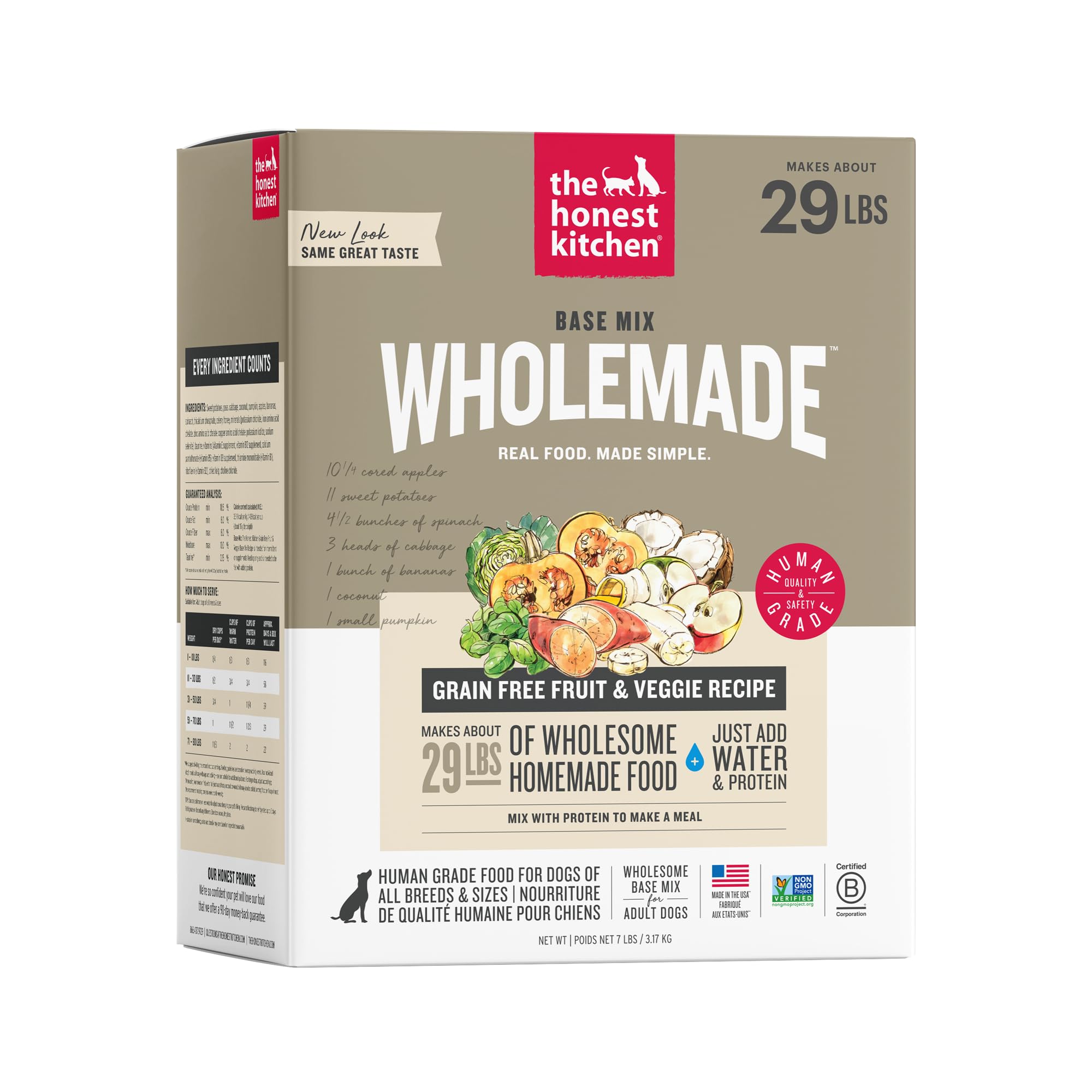 The Honest Kitchen Wholemade Grain Free Dog Food Base Mix, Veggie &amp; Fruit, Human Grade, Easy Homemade Dog Food Starter, Just Add Water, Topper for Dry or Wet Dog Food, 7 lb Bag Makes 28 lbs