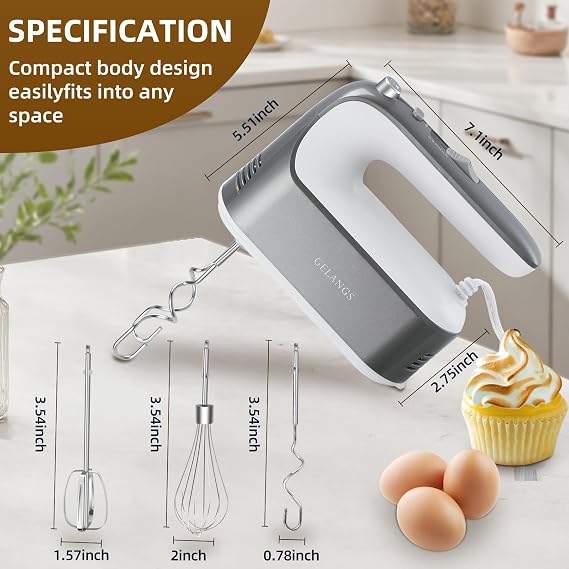 GELANGS-400W Hand Mixer with Turbo Boost - 5-Speed, One-Touch Release, Copper Motor - 5 Dishwasher-Safe Attachments - 110V Heavy Duty Mixer for Baking, Whipping & Dough