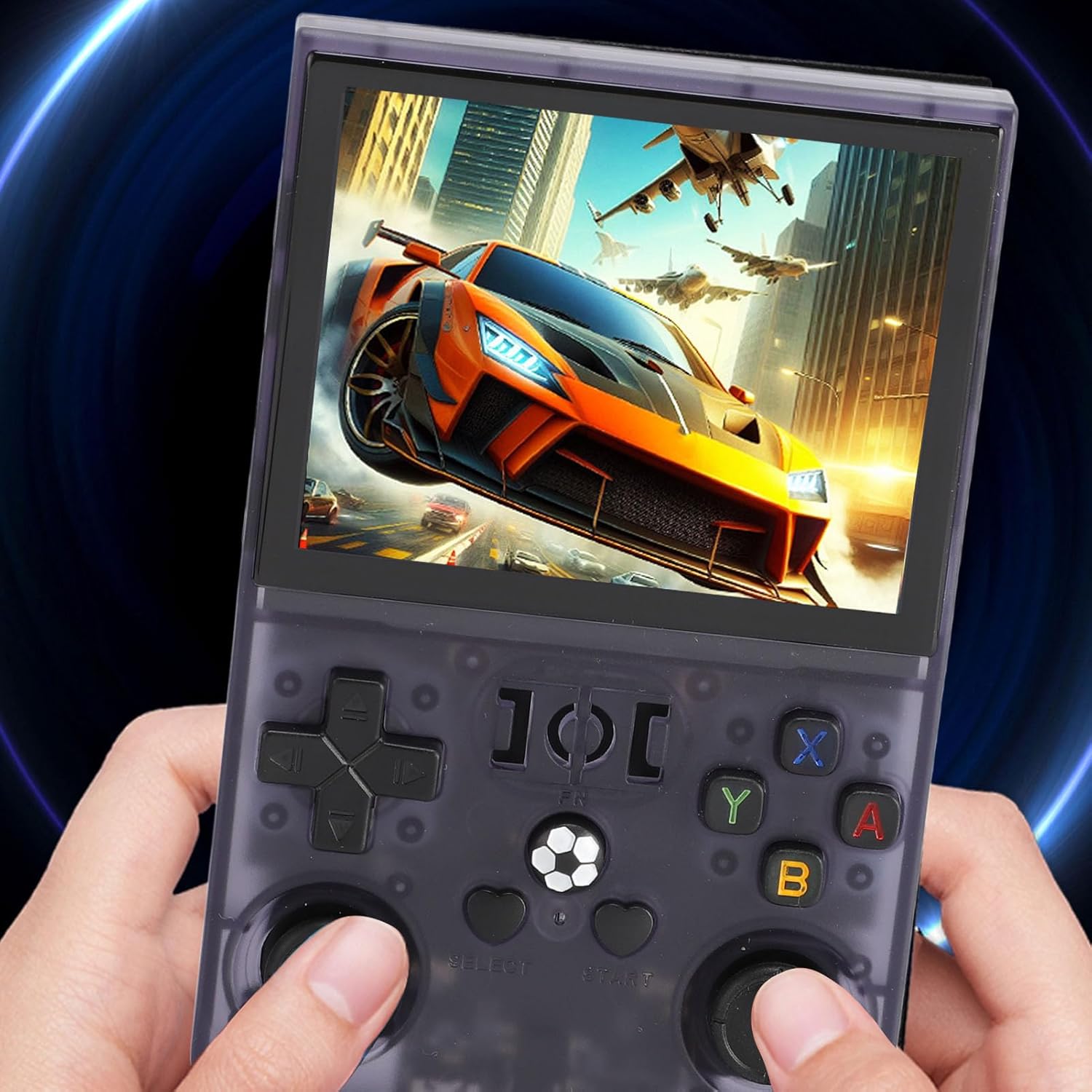 Hands holding the Yunseity R36PRO Handheld Game Console during gameplay