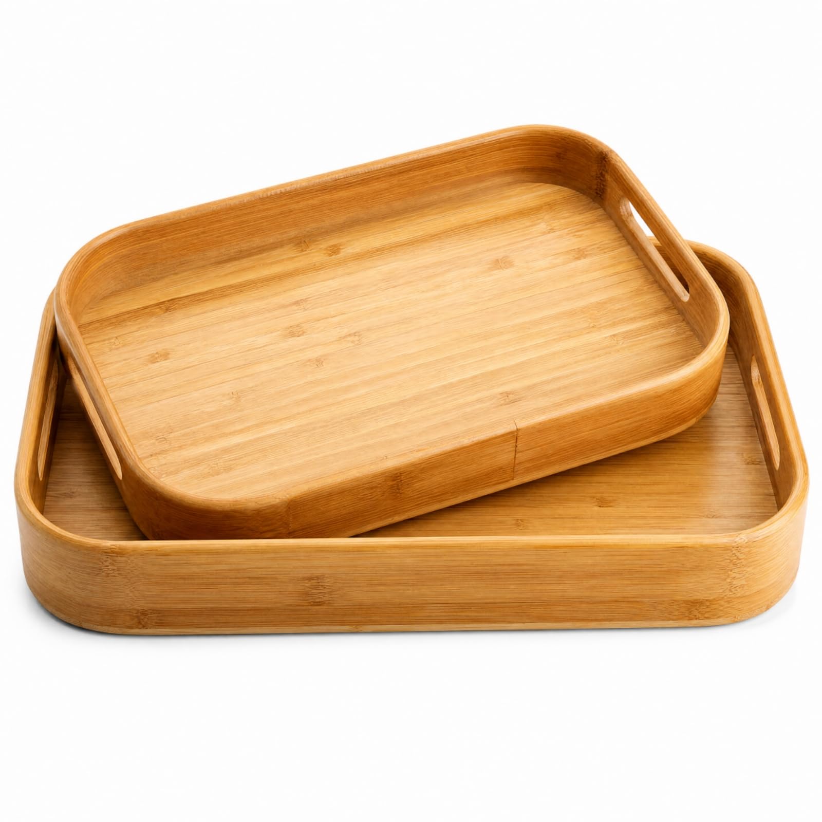 Dicunoy 2er Set Bambus Serviertablett,Massivholz Frühstückstablett mit Griffen,Große Bambus Essen Tablett Ideal für Abendessen, Tee, Kaffee, Bar, Partys (40 x 28 x 5 cm,33 x 22 x 4 cm)