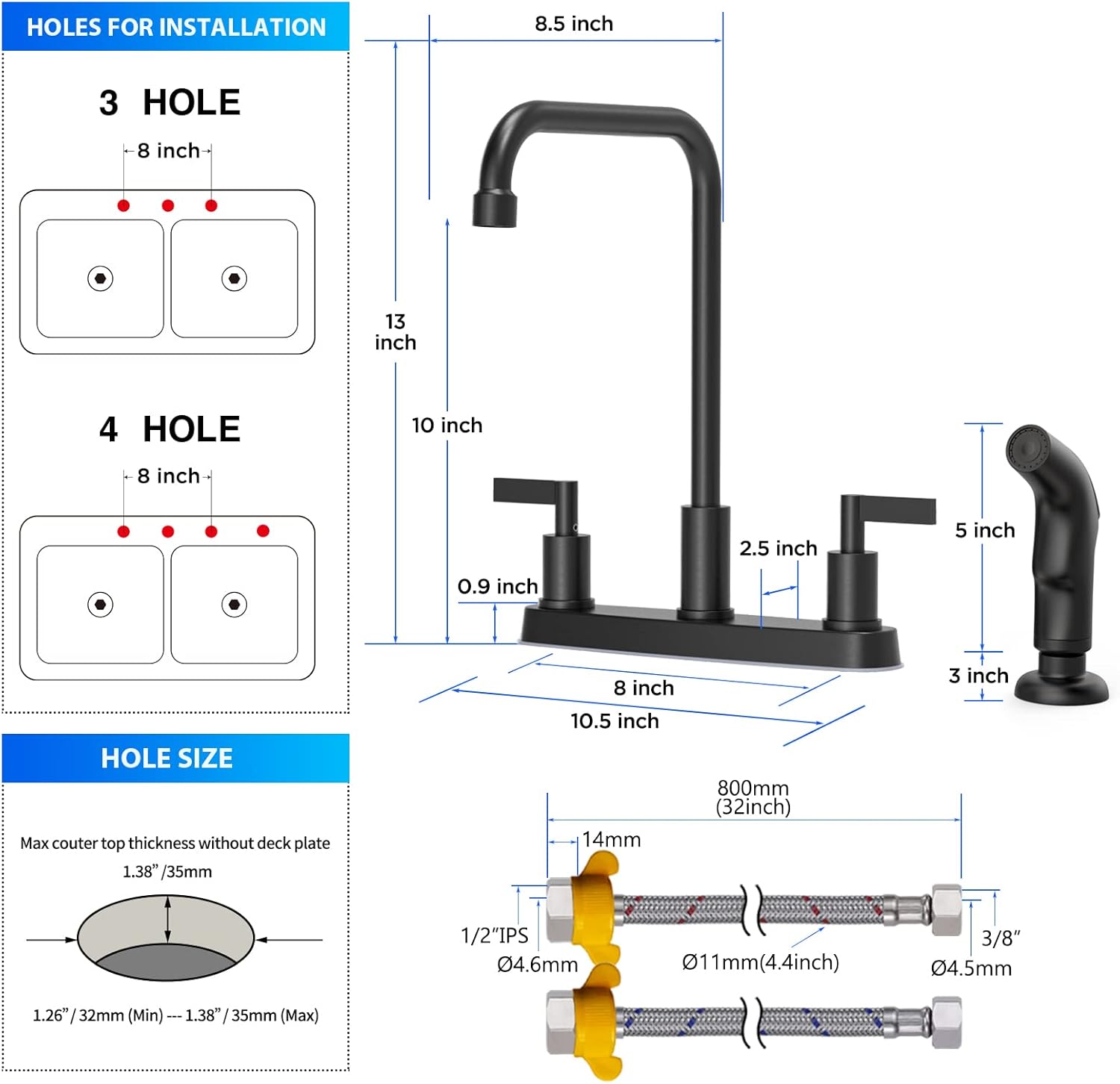 Diagram showing installation hole requirements for 3-hole and 4-hole sinks, and recommended hole size dimensions.