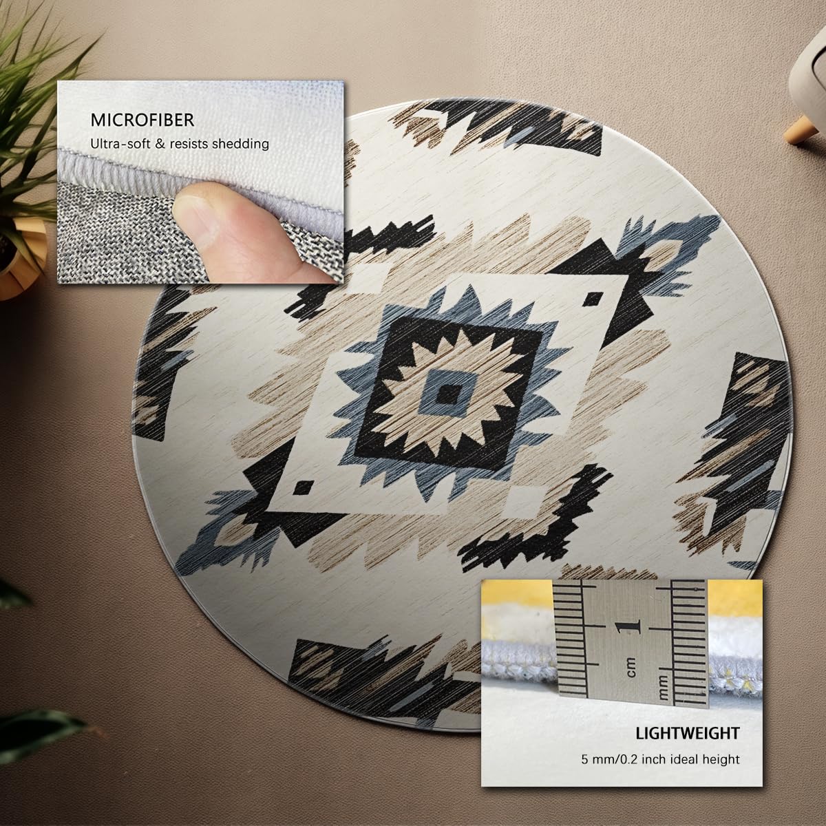 Dywany okrągłe Native Southwest Geometric Ivory Washable Carpet Flanela Short Hair Base Non-slip Folding Rug Salon Sypialnia Salon 200cm