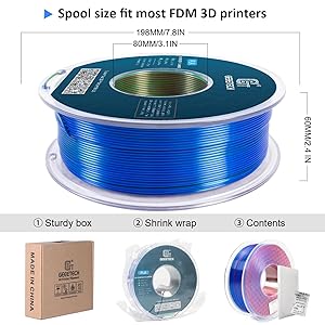 Geeetech Silk PLA Tri Color Filament 1.75mm 3D Printer Filament, Coextrusion Red Blue Green Tri-Colors Metal-Like Shiny Silk PLA Filament, 1kg (2.2lbs) 1 Spool, Dimensional Accuracy +/- 0.02 mm