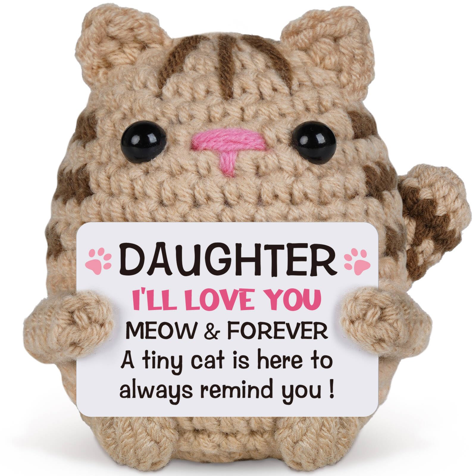 Sayregifty Daughter Gifts, Daughter Birthday Gifts from Mum Dad - Handmade Positive Cat Doll Crochet with Card, Presents for Daughters on Mother's Day, Graduation, Thanksgiving, Wedding, Christmas