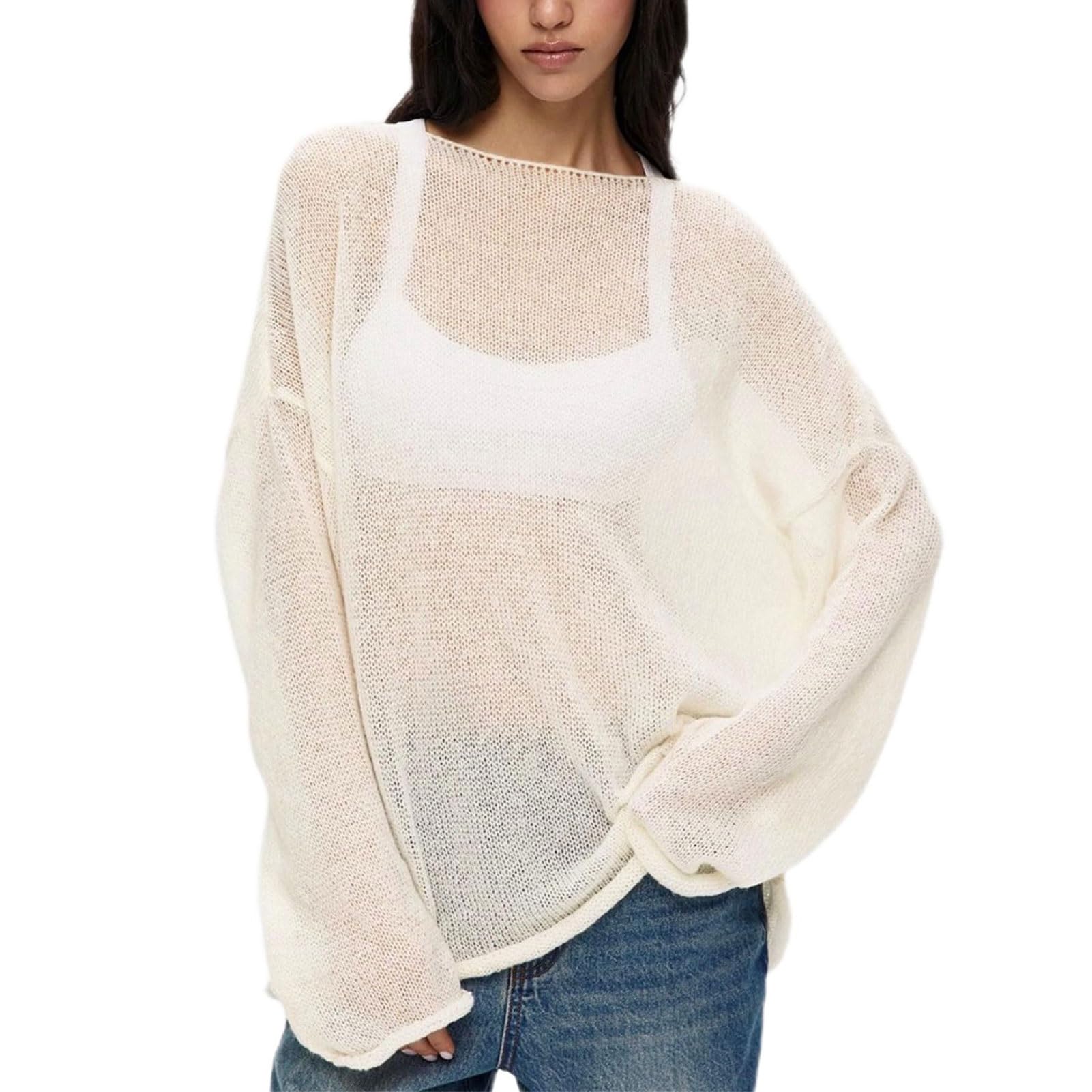 Lierolye Women's Beige Sheer Mesh Knit Jumpers Lightweight See-Through Oversized Sweater Casual Long Sleeve Hollow Pullover Top(,L)