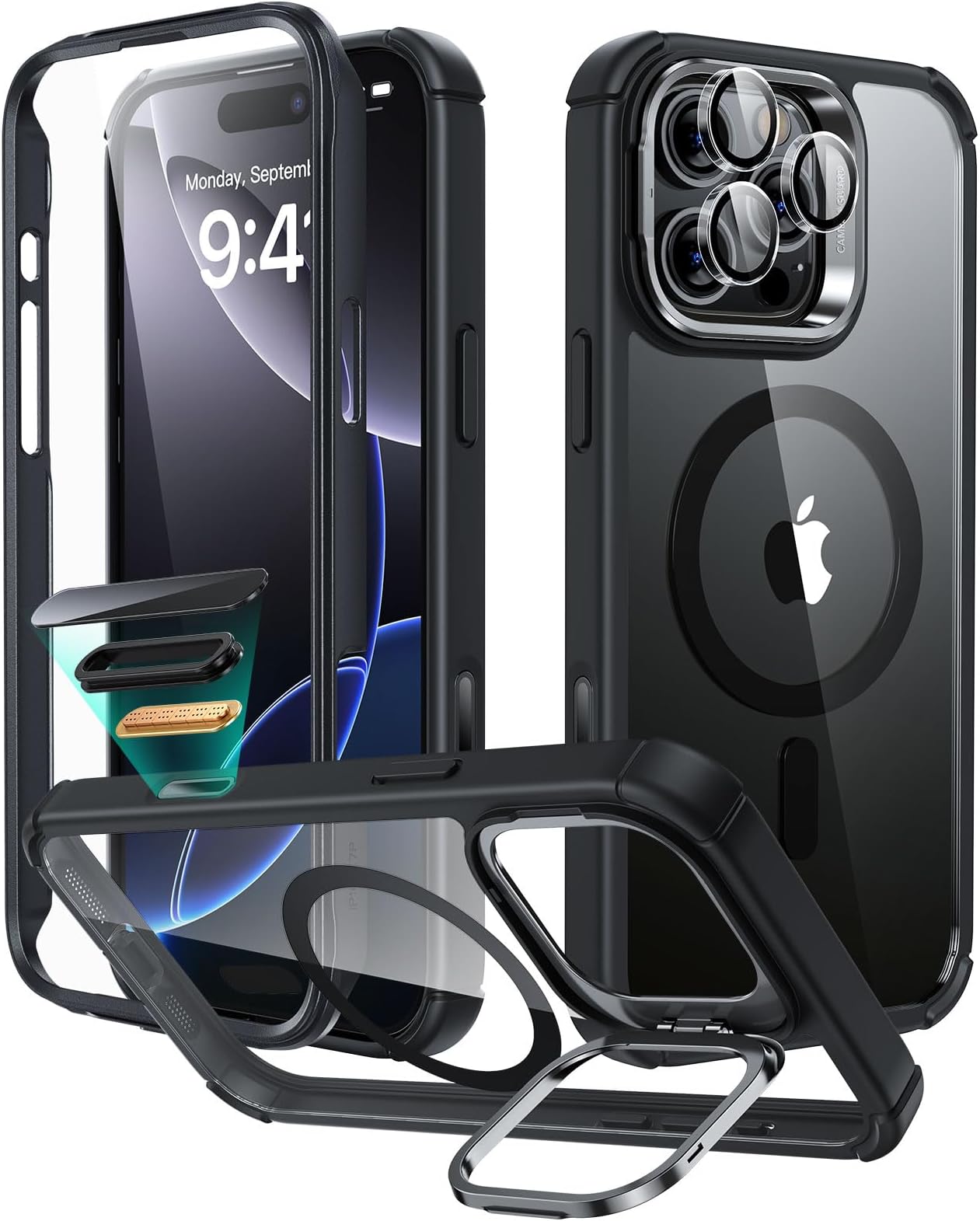 ESR for iPhone 15 Pro Max Case with Stand, Compatible with MagSafe, Full-Body Military-Grade Drop Proof Case with Built-in 9H+ Tempered Glass Screen Protector, Armor Series, Clear Black