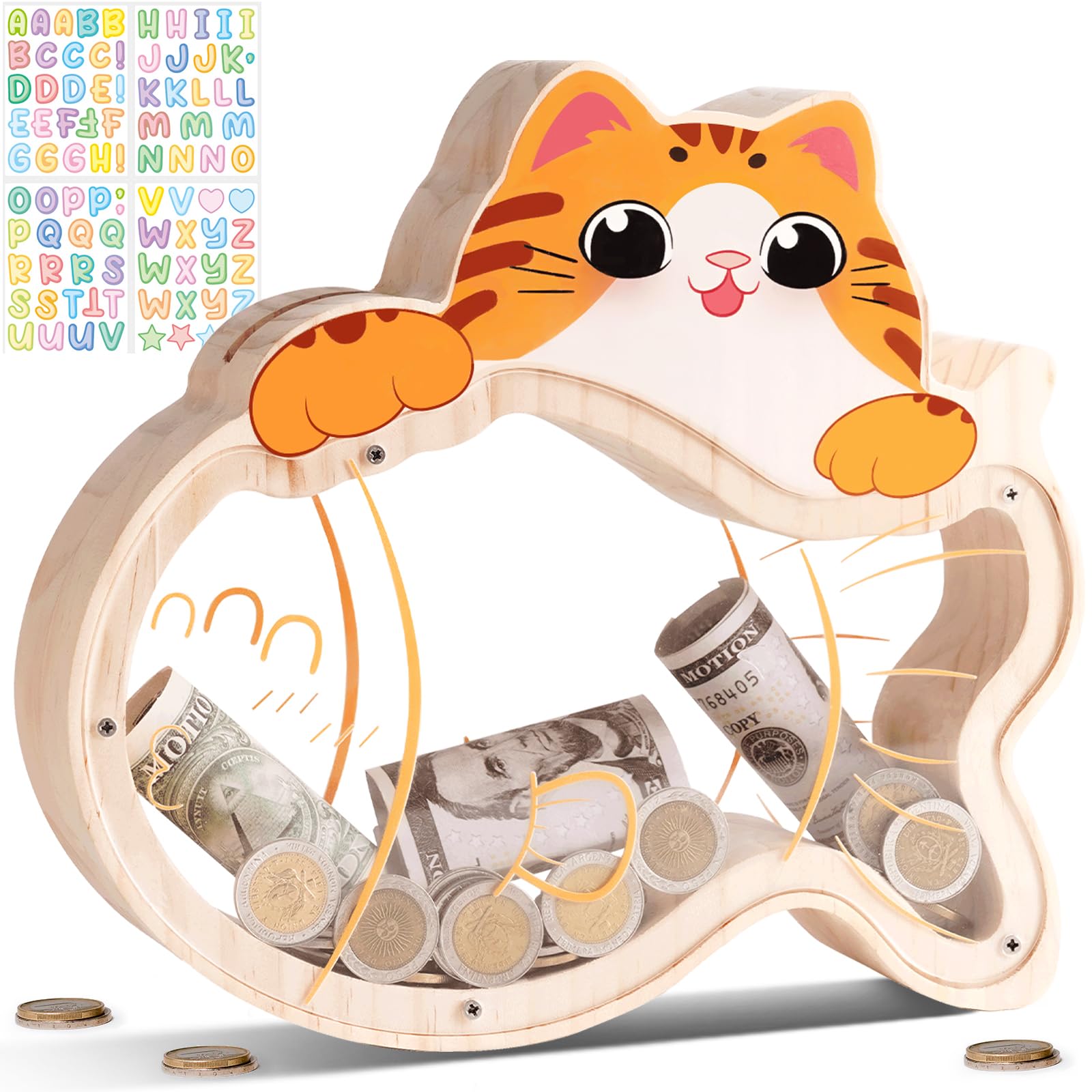 Uniwooder Wooden Cat Piggy Bank with Stickers