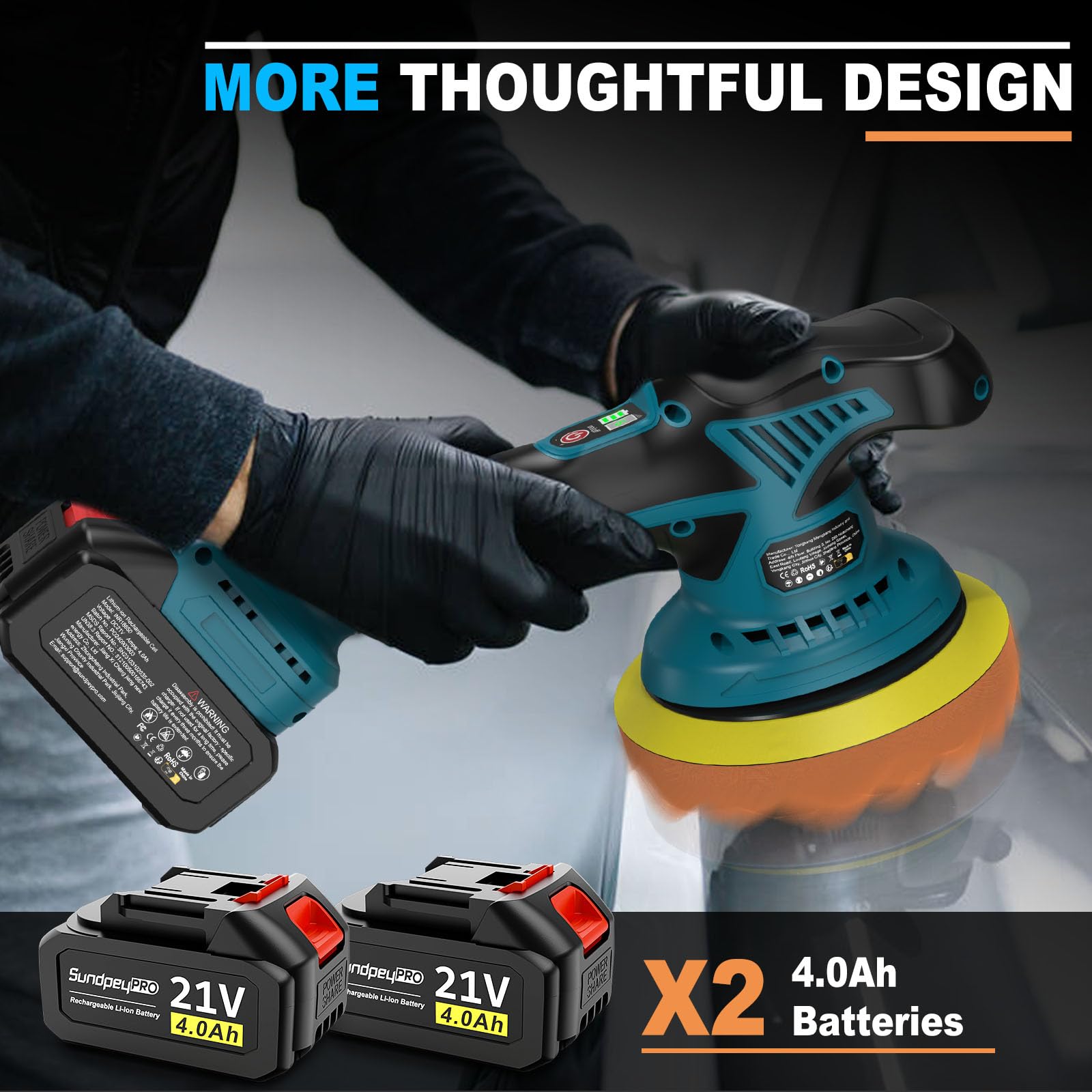 6" Lucidatrice Auto a Batteria, 21V Lucidatrice Rotorbitale con 2 Batterie 4000mAh e 8 Velocità Regolabili e 6000RPM, Wireless e Leggera, Ideale per Fai da Te e Detailing Auto, Lucidatura, Polishing
