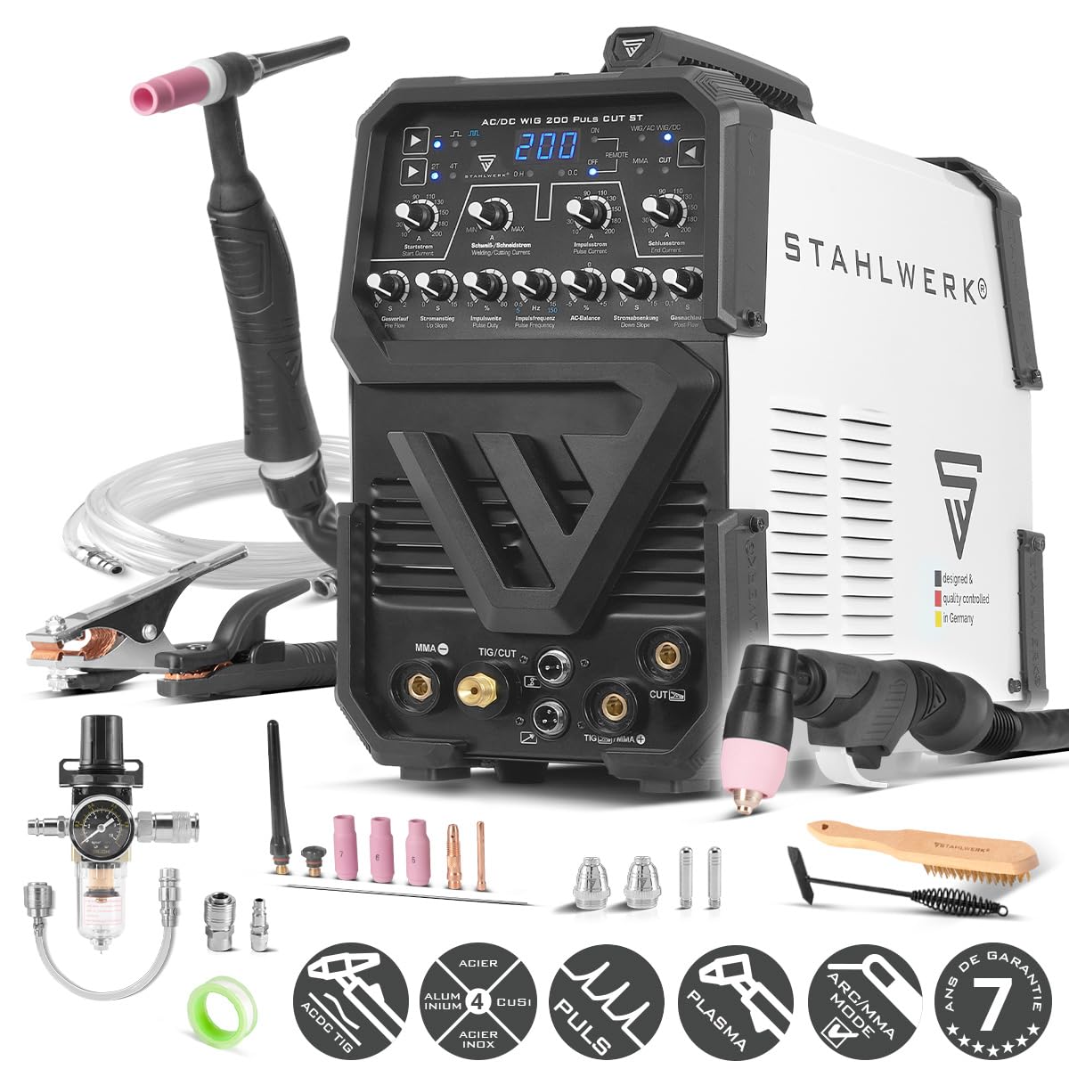STAHLWERK Poste à souder combiné 3-en-1 AC/DC TIG 200 Puls CUT ST – TIG & MMA (ARC) jusqu'à 200 A, Découpe plasma jusqu’à 45 A et épaisseur de coupe jusqu’à 12 mm, acier inoxydable, cuivre, alu titane