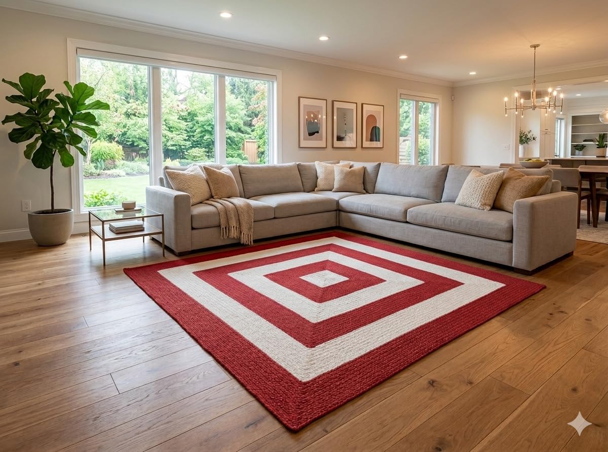 100% Natural Jute Carpet with Square Design | Handwoven Jute Area Rug for Living Room, Bedroom & Dining | Eco Friendly Natural Fiber Indoor Rug (Red Square, 4x4 Feet)-image-29