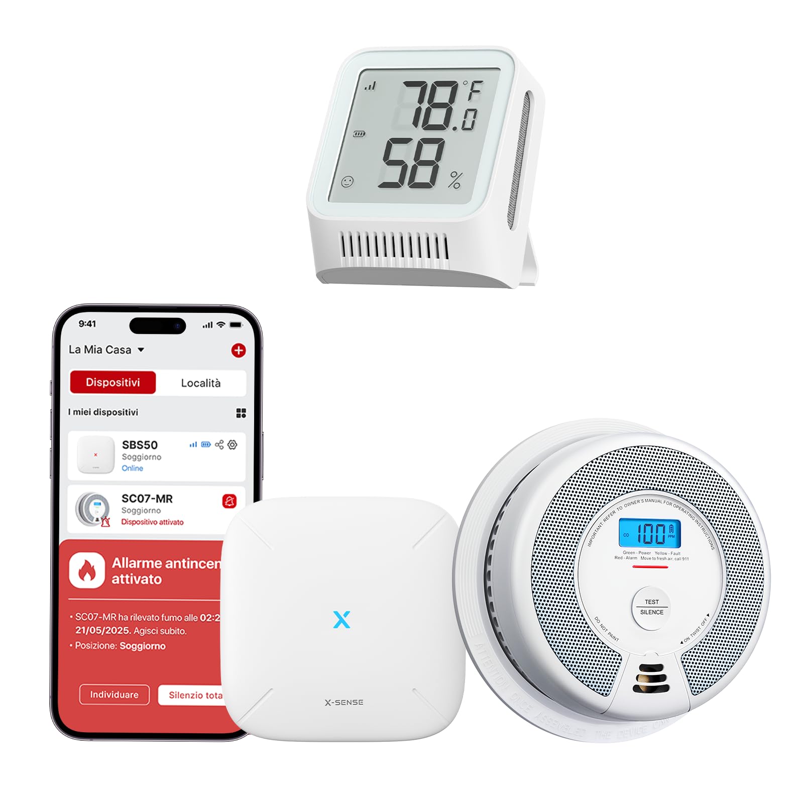 X-Sense Kit Casa Intelligente: 1 Rilevatore di Fumo e CO, 1 Termoigrometro, 1 Base Station, Compatibile con l'App X-Sense Home Security