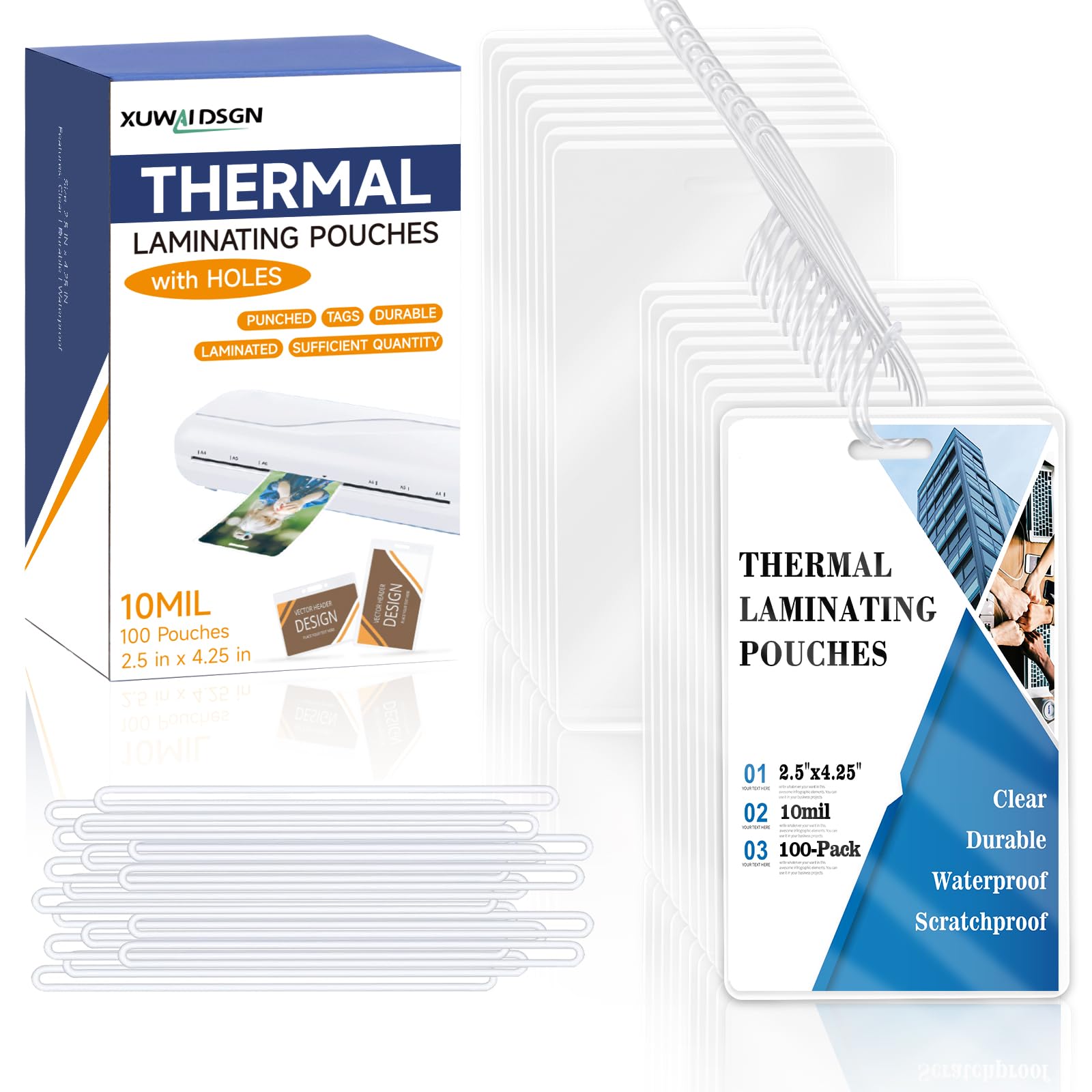 100 Pieces 10 Mil 2 1/2" x 4 1/4" Laminating Pouches with Slot Hole Printable Luggage Tags Clear Thermal Laminate Pouch Tags Kit Resealable for Work