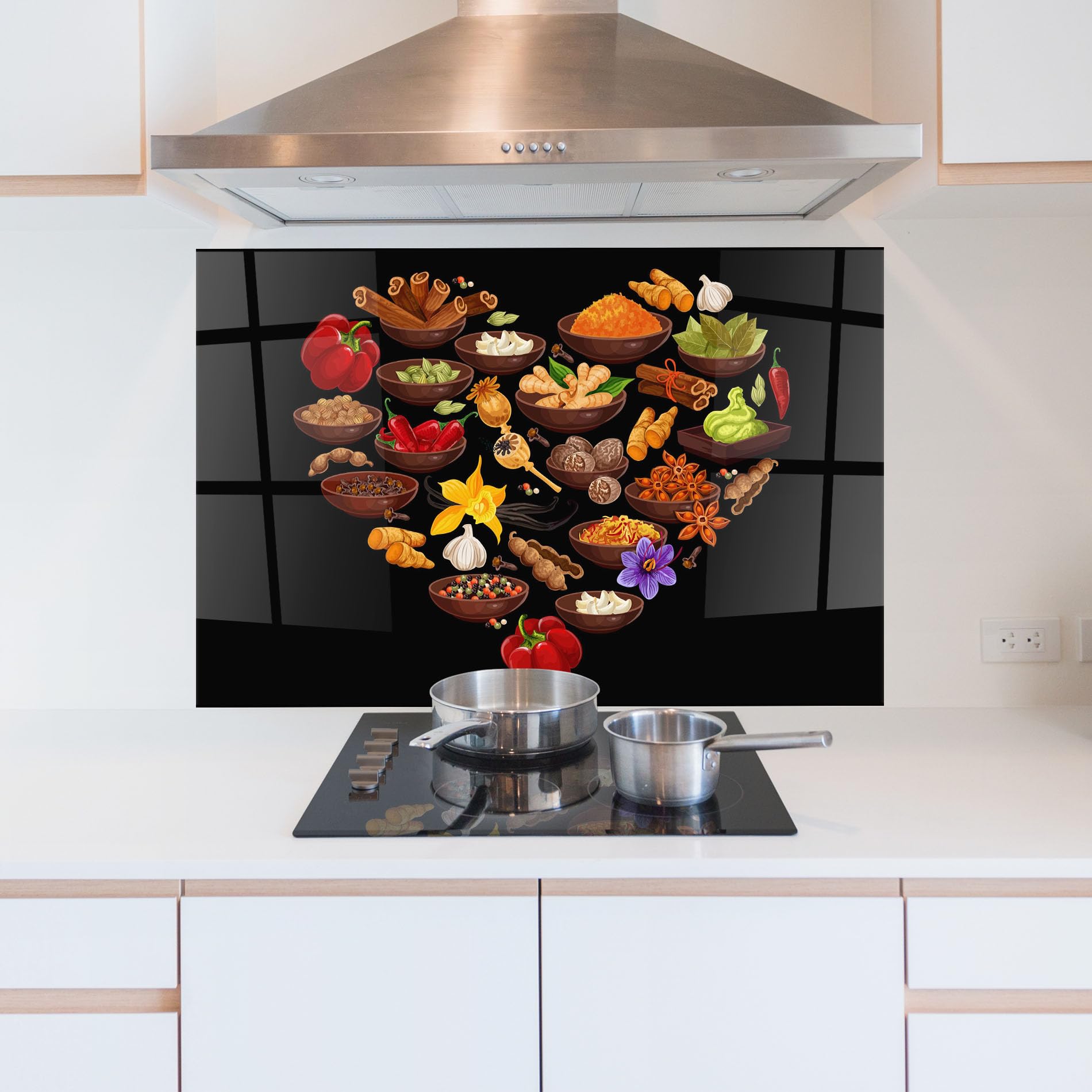 ARTHUB® Crédence de Cuisine en Verre 70x100 cm, Seasoning Heart | Protection Contre Les éclaboussures, Revêtement Mural en Carreaux, Plaque en Verre, Verre trempé, Aliments, Épices