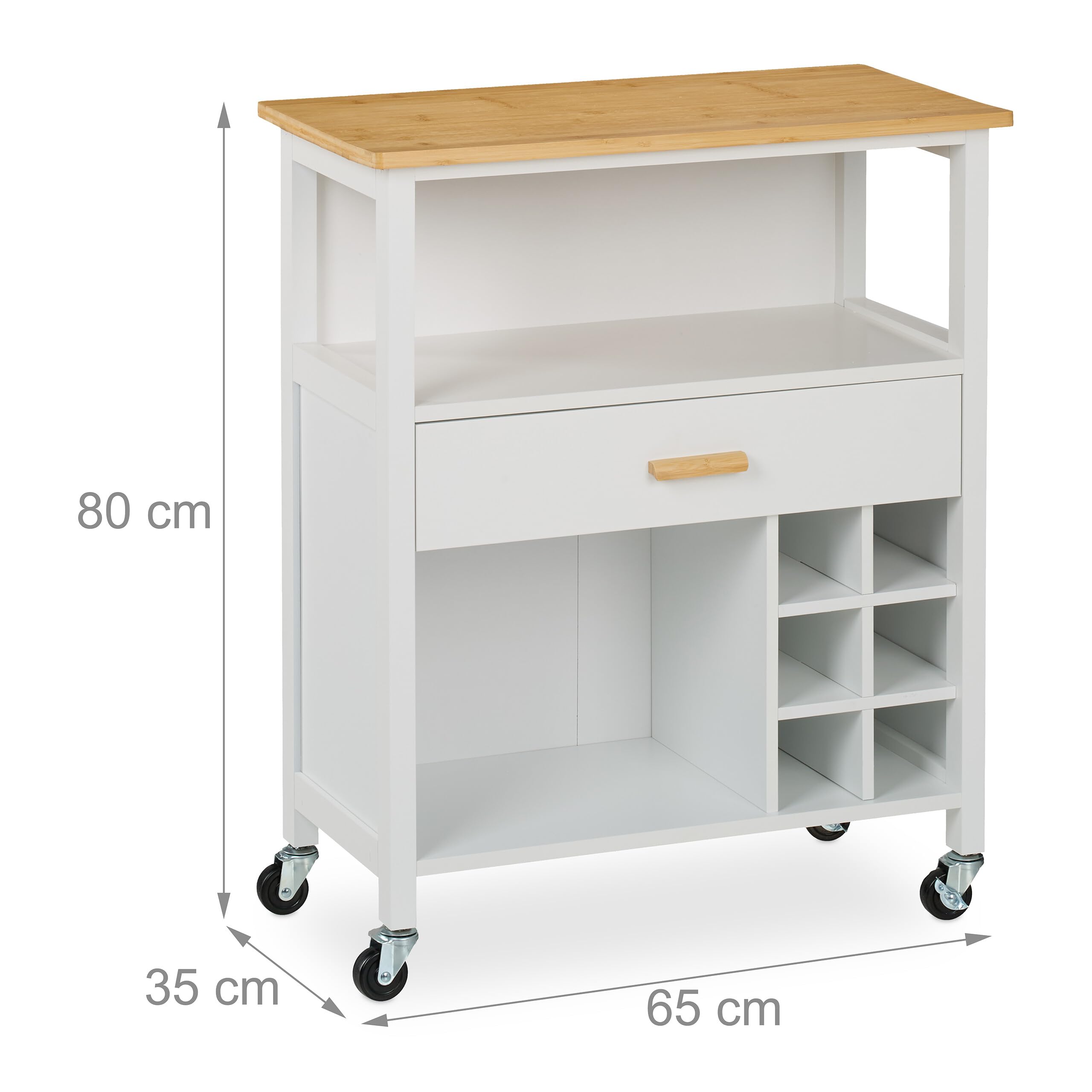 Relaxdays Desserte de Cuisine, pour 6 Bouteilles, tiroir spacieux, Plan de Travail, 80 x 65 x 35 cm, Blanc et Nature