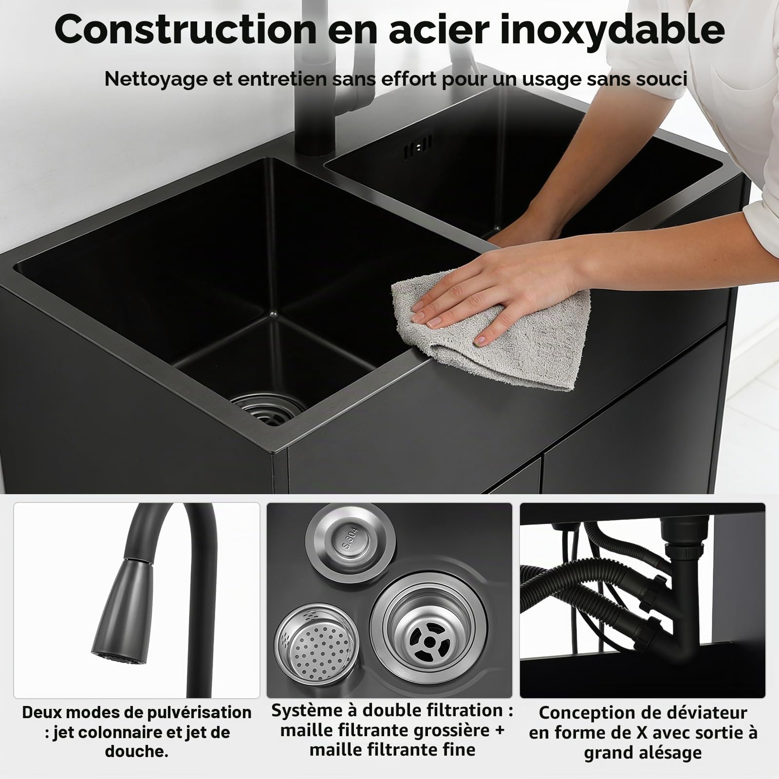 Évier de cuisine indépendant avec meuble de base et robinet coulissant, évier en acier inoxydable avec panier égouttoir, 75x41x78cm évier avec meuble de base, lavabo pour restaurants, pâtisseries et